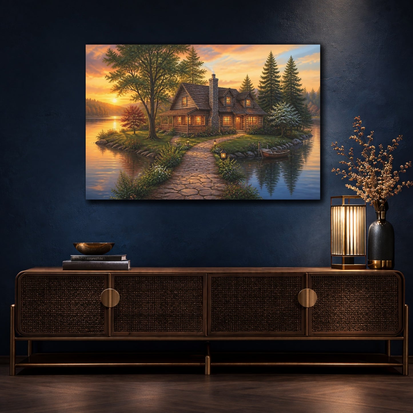 Mockup 4. Sunset Lake Cottage Retreat shown as canvas print