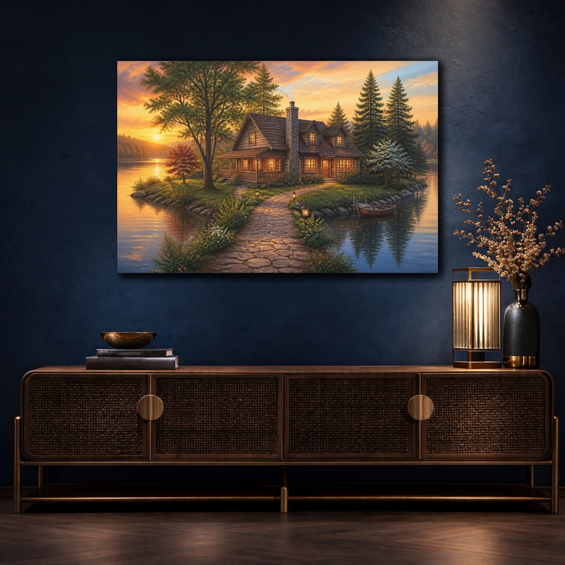 Mockup 4. Sunset Lake Cottage Retreat shown as canvas print