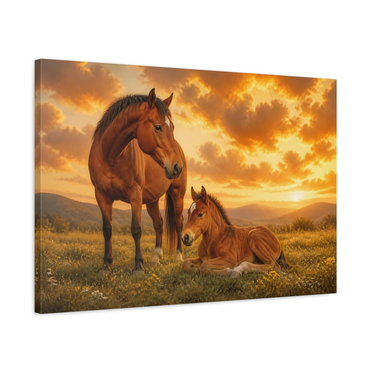 Side Mockup 2. Sunset Mare And Foal shown as canvas print