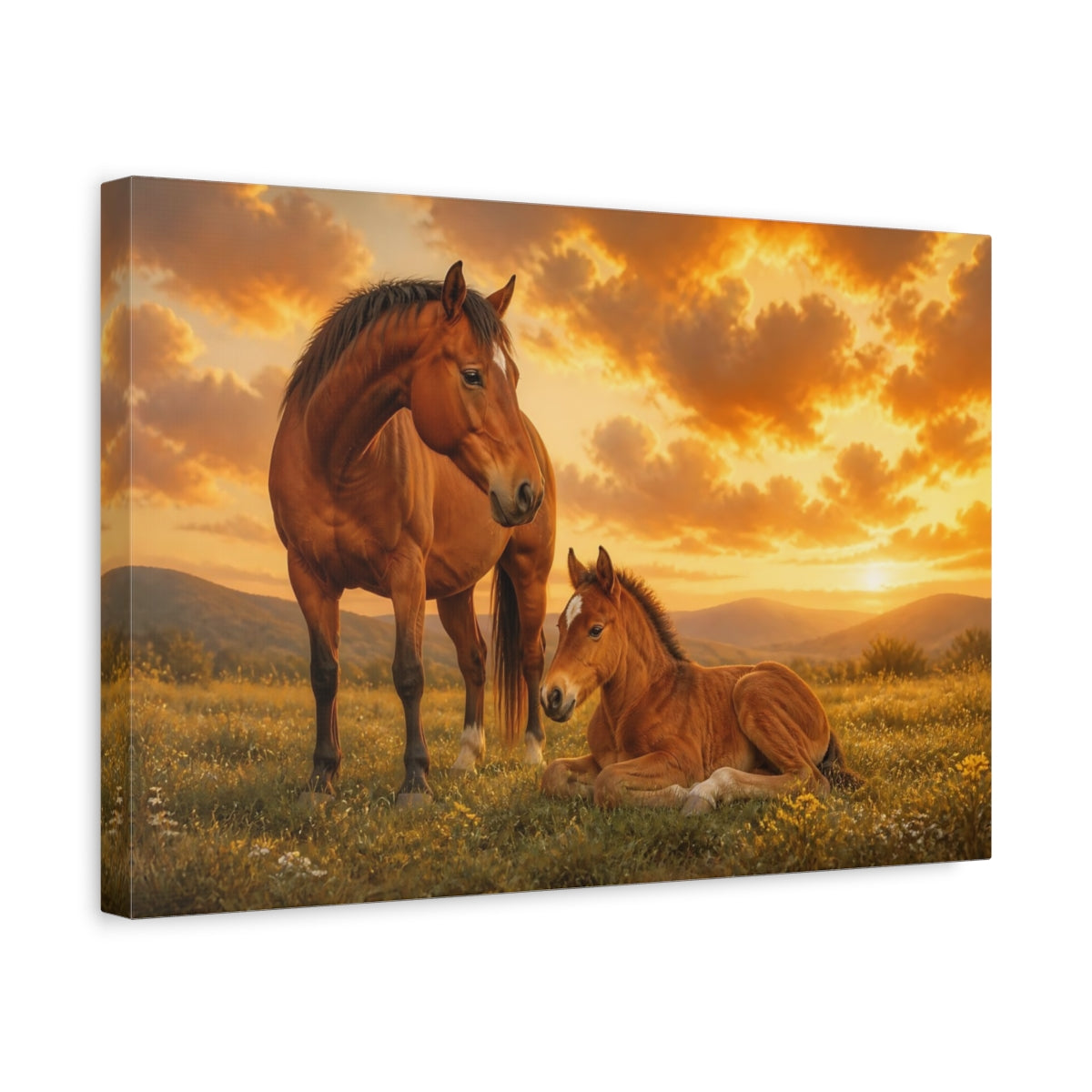 Side Mockup 4. Sunset Mare And Foal shown as canvas print