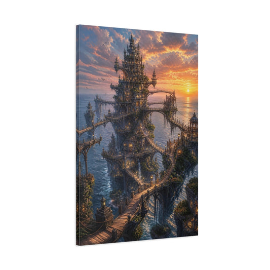 Main Mockup. Sunset Ocean Citadel shown as canvas print