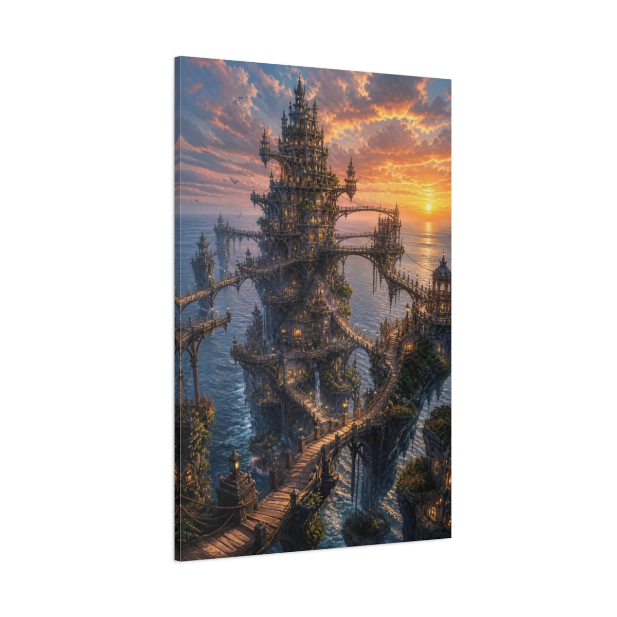 Side Mockup 1. Sunset Ocean Citadel shown as canvas print