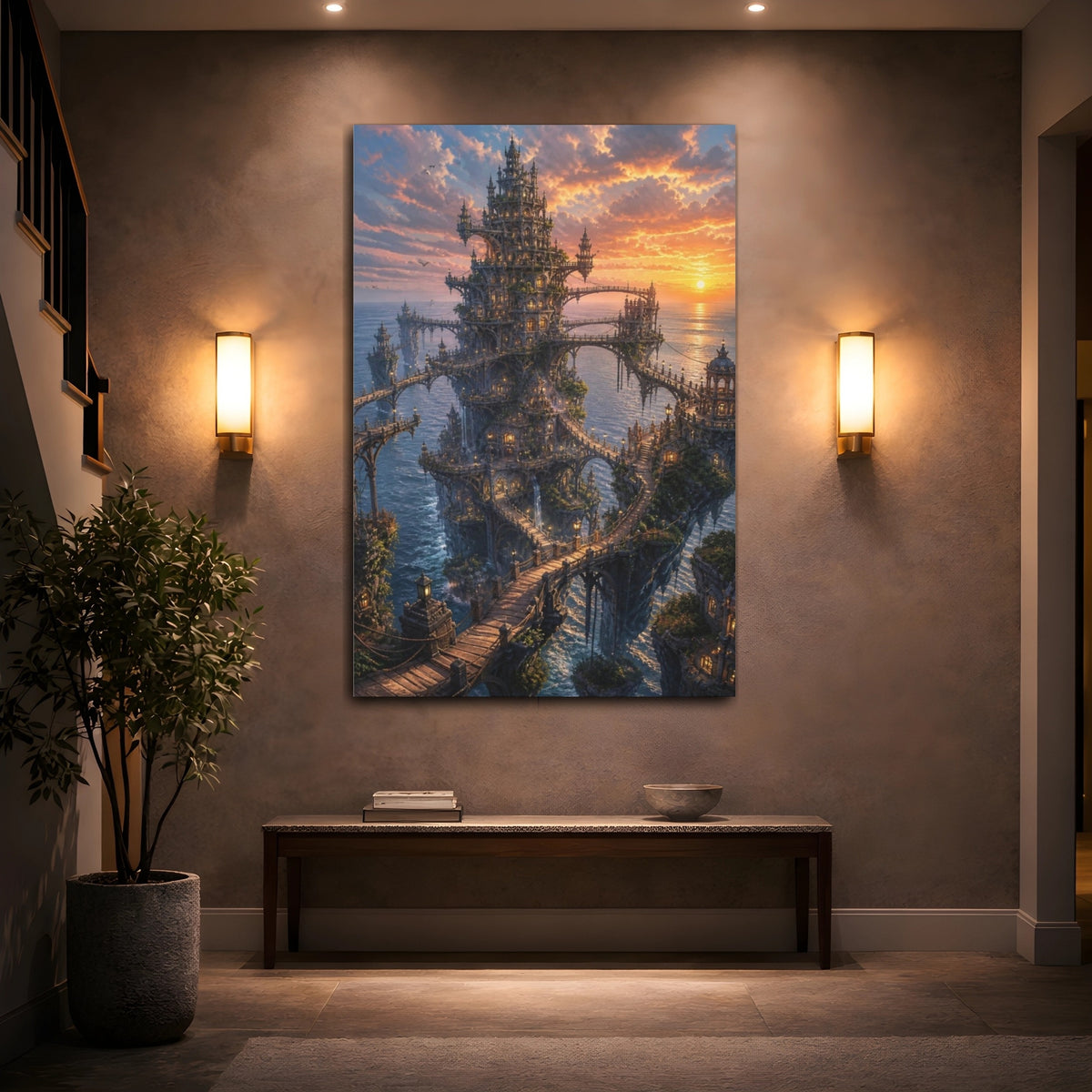 Mockup 2. Sunset Ocean Citadel shown as canvas print
