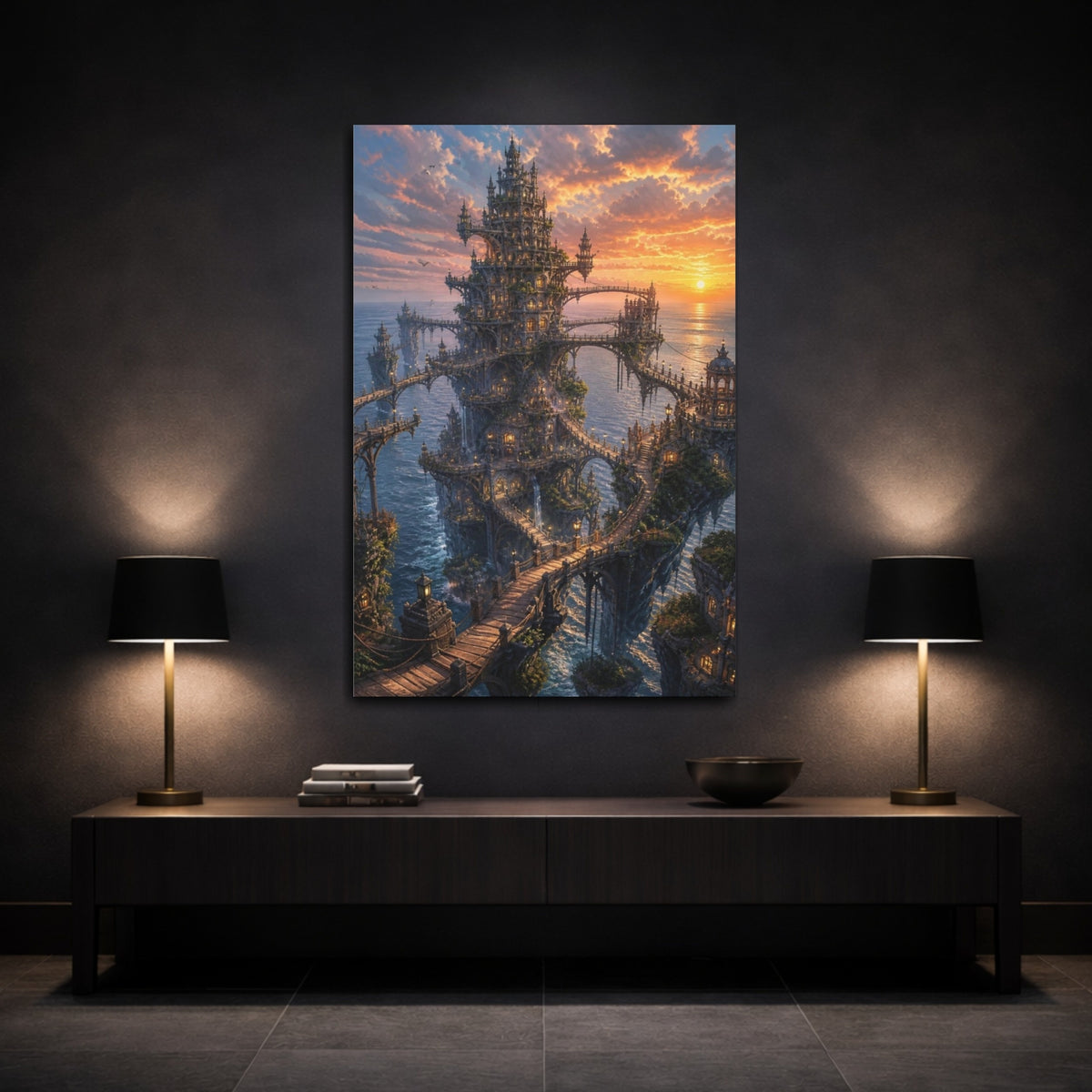 Mockup 3. Sunset Ocean Citadel shown as canvas print