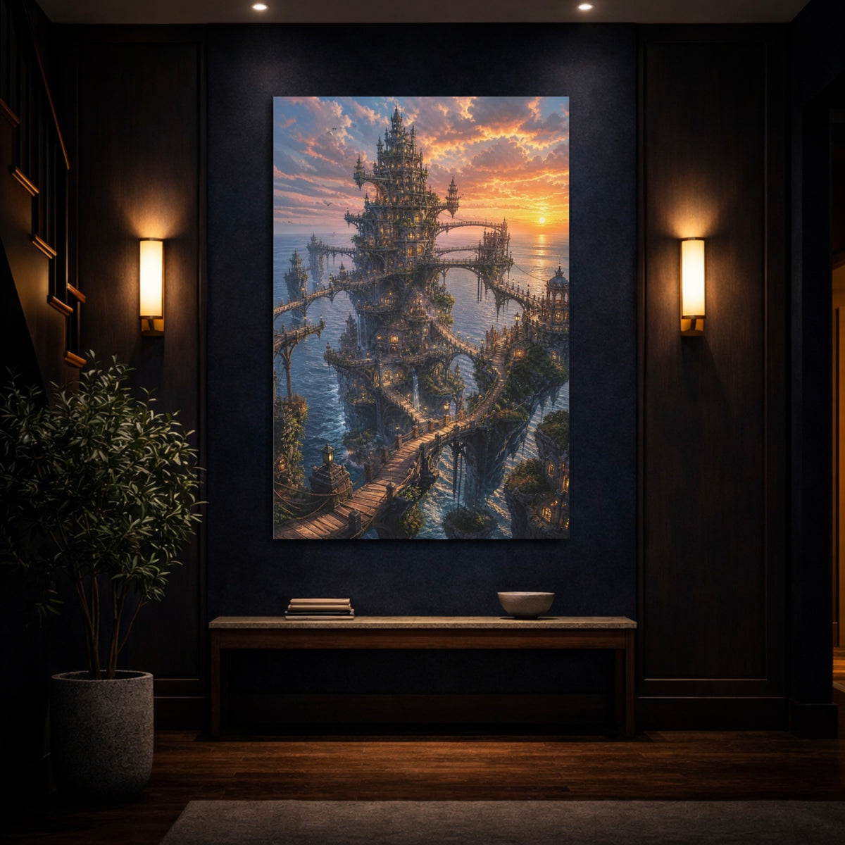 Mockup 4. Sunset Ocean Citadel shown as canvas print