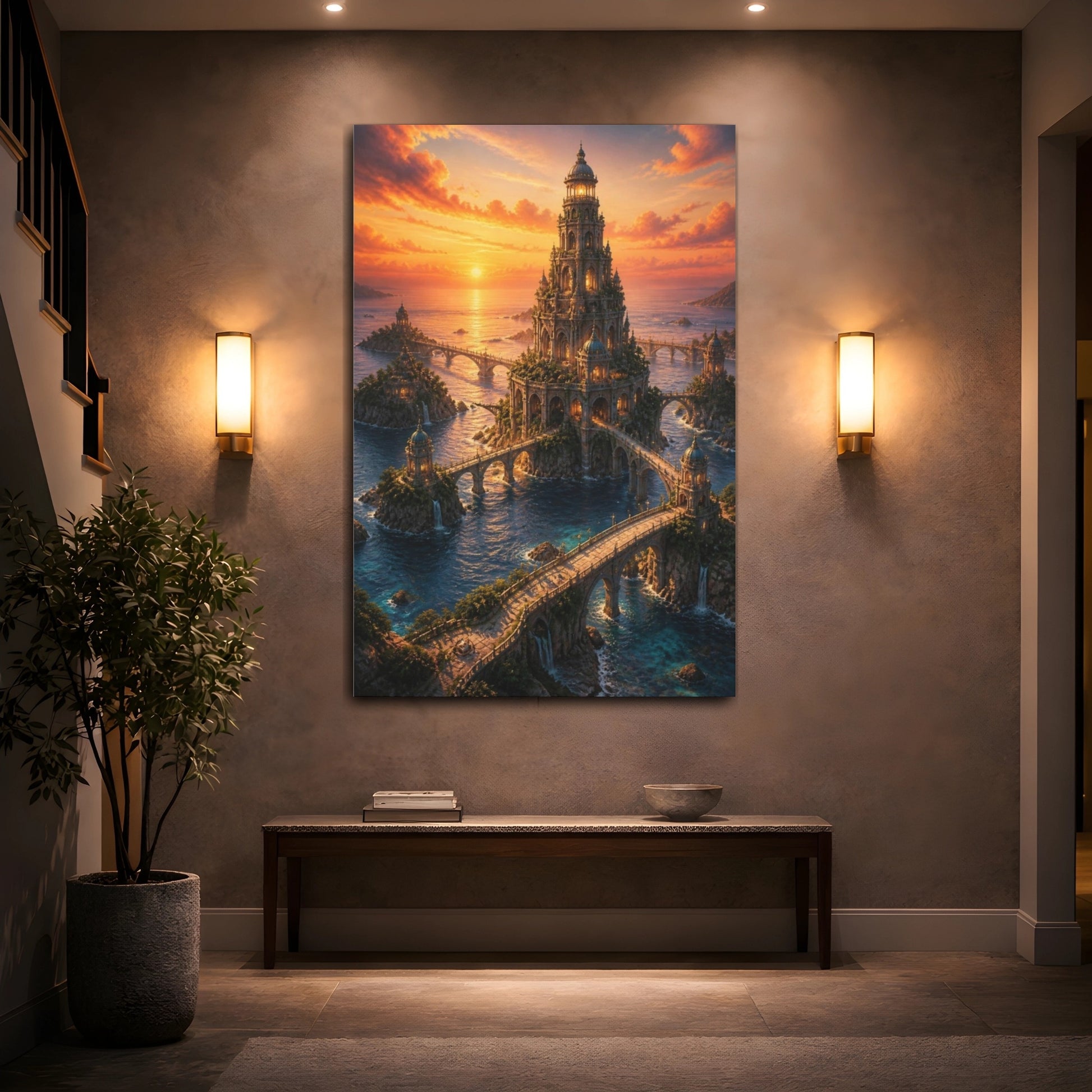 Mockup 2. Sunset Ocean Tower shown as canvas print