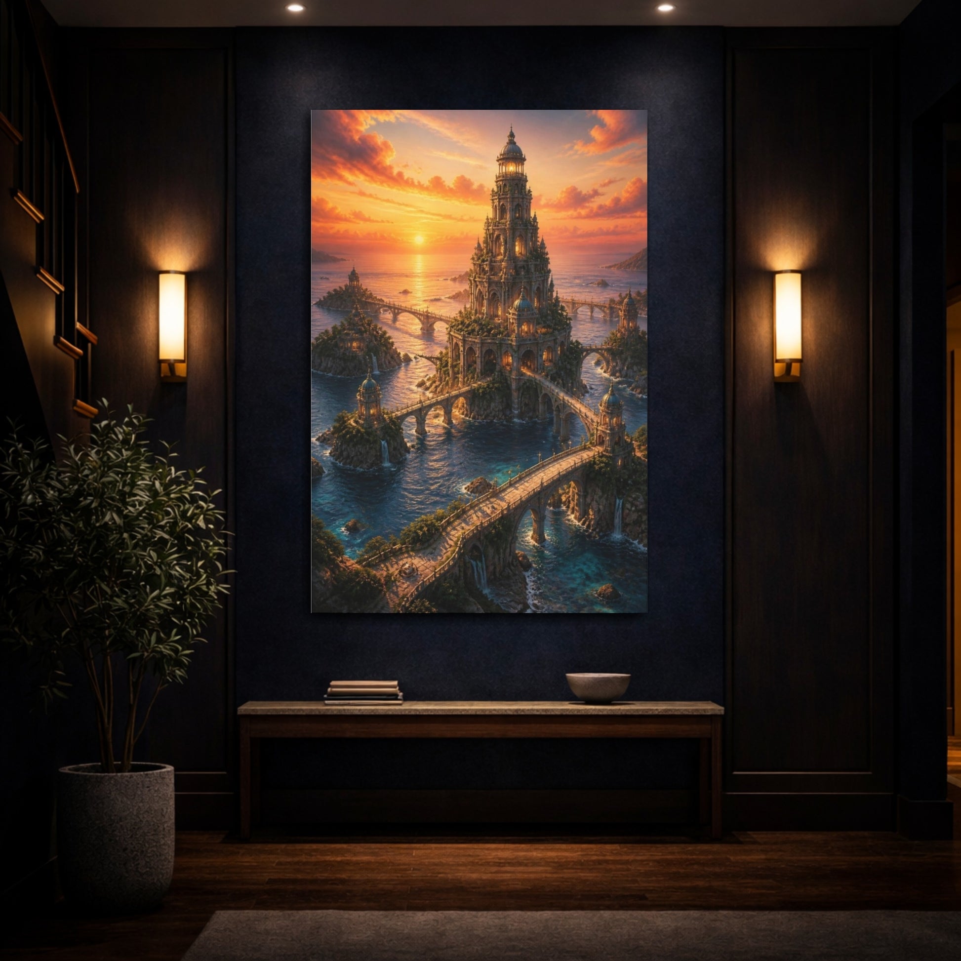 Mockup 4. Sunset Ocean Tower shown as canvas print