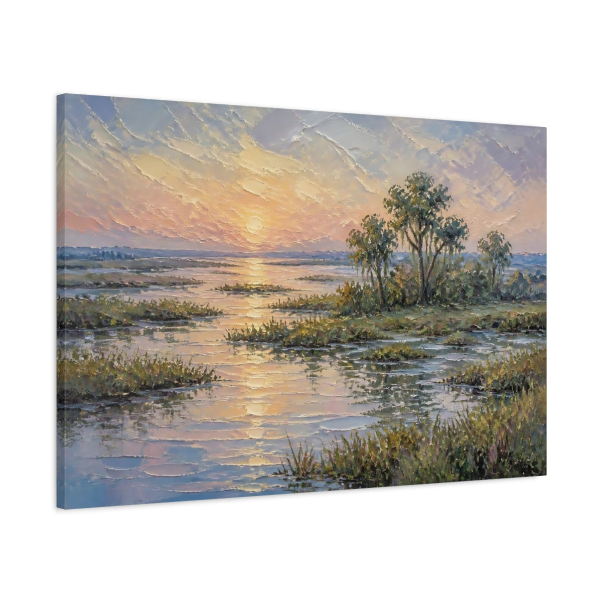 Main Mockup. Sunset Over Marsh shown as canvas print