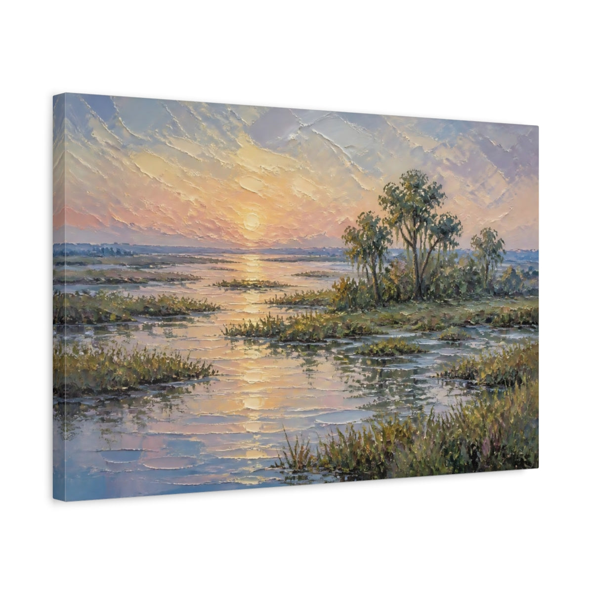 Side Mockup 3. Sunset Over Marsh shown as canvas print