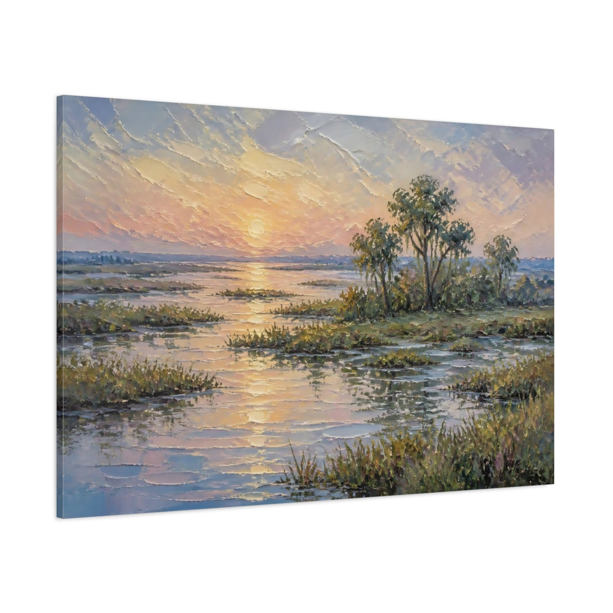 Side Mockup 1. Sunset Over Marsh shown as canvas print