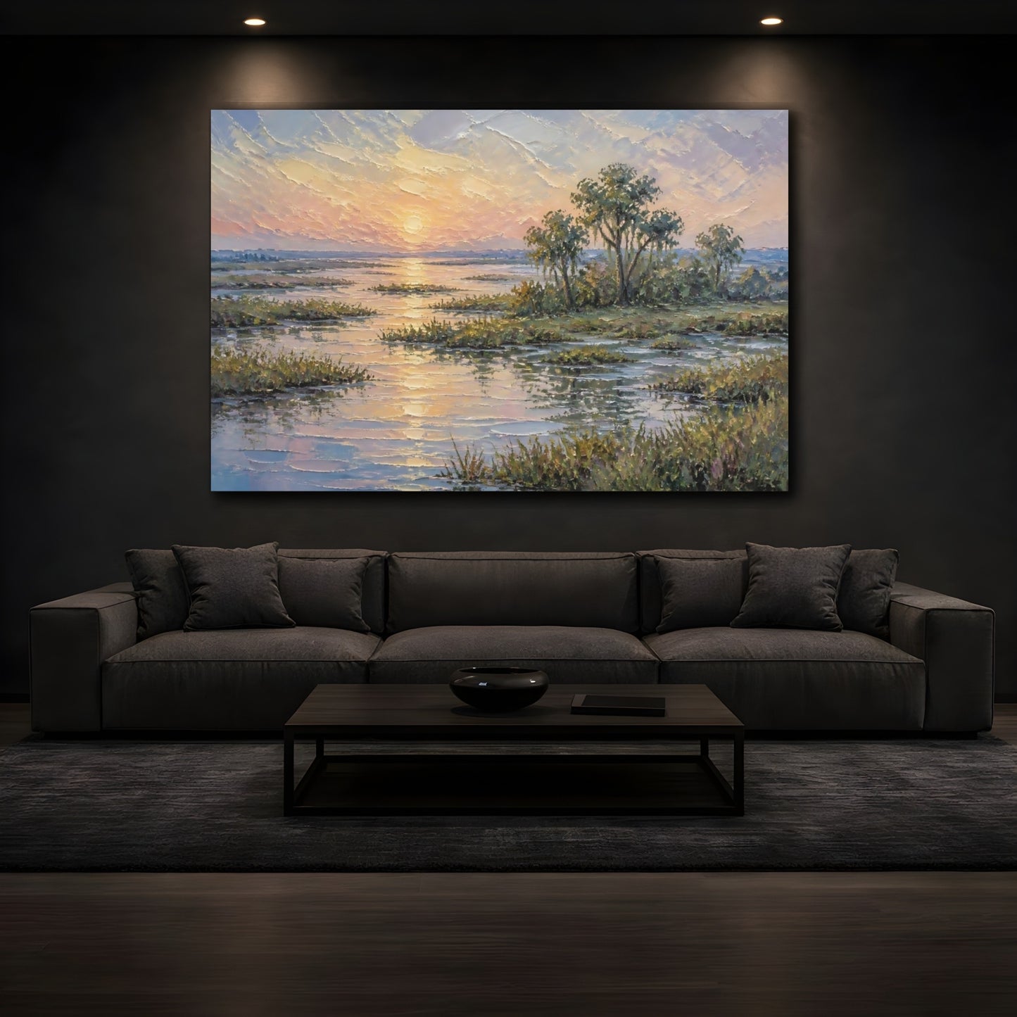 Mockup 3. Sunset Over Marsh shown as canvas print