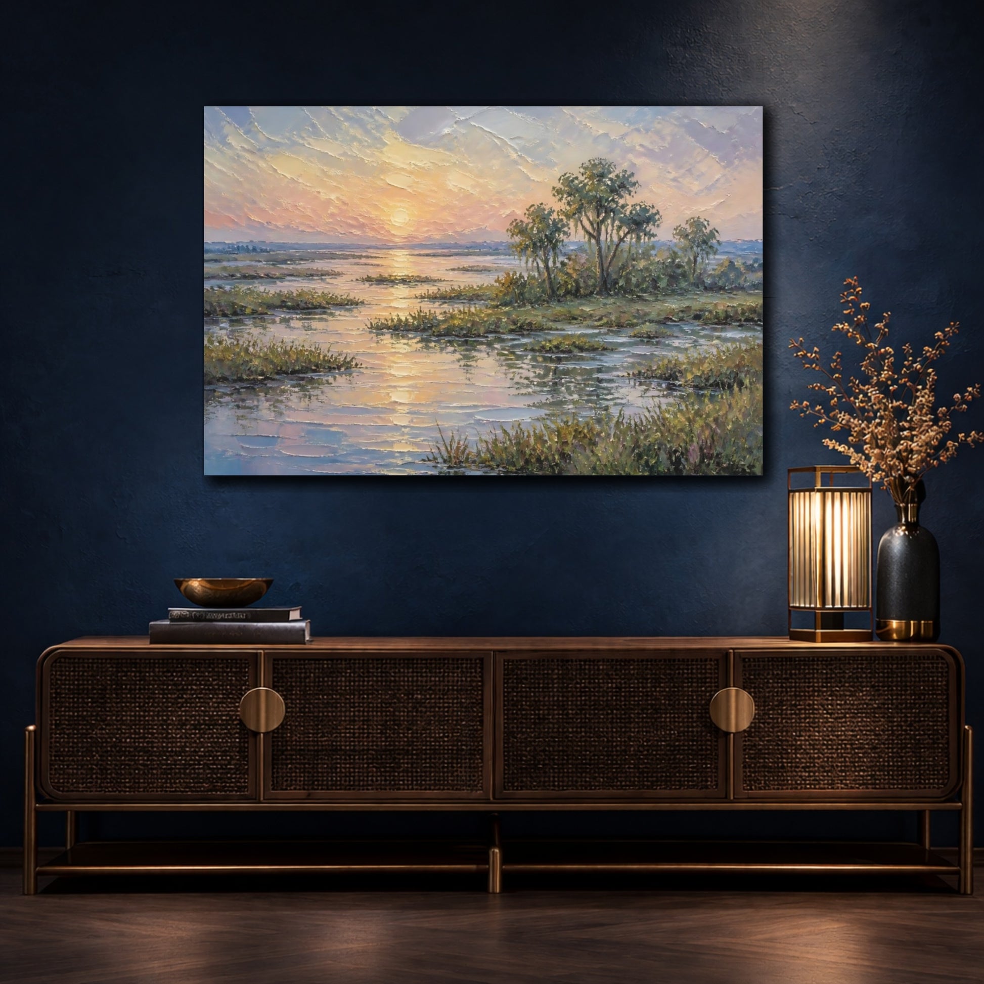 Mockup 4. Sunset Over Marsh shown as canvas print