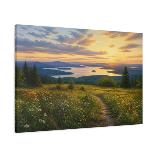 Main Mockup. Sunset Over Wildflower Lake shown as canvas print
