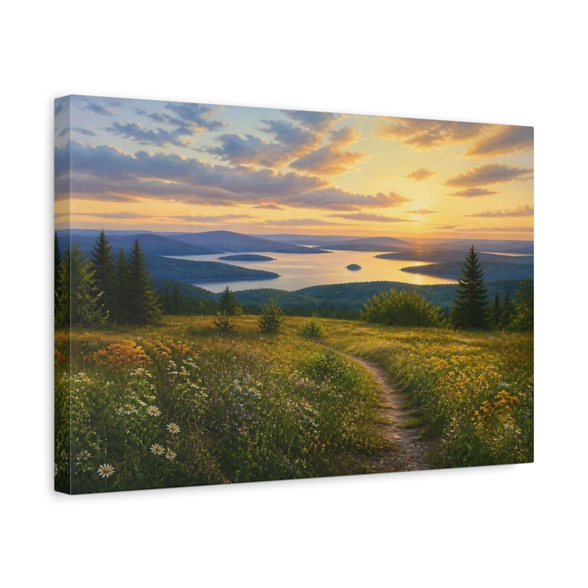 Side Mockup 4. Sunset Over Wildflower Lake shown as canvas print