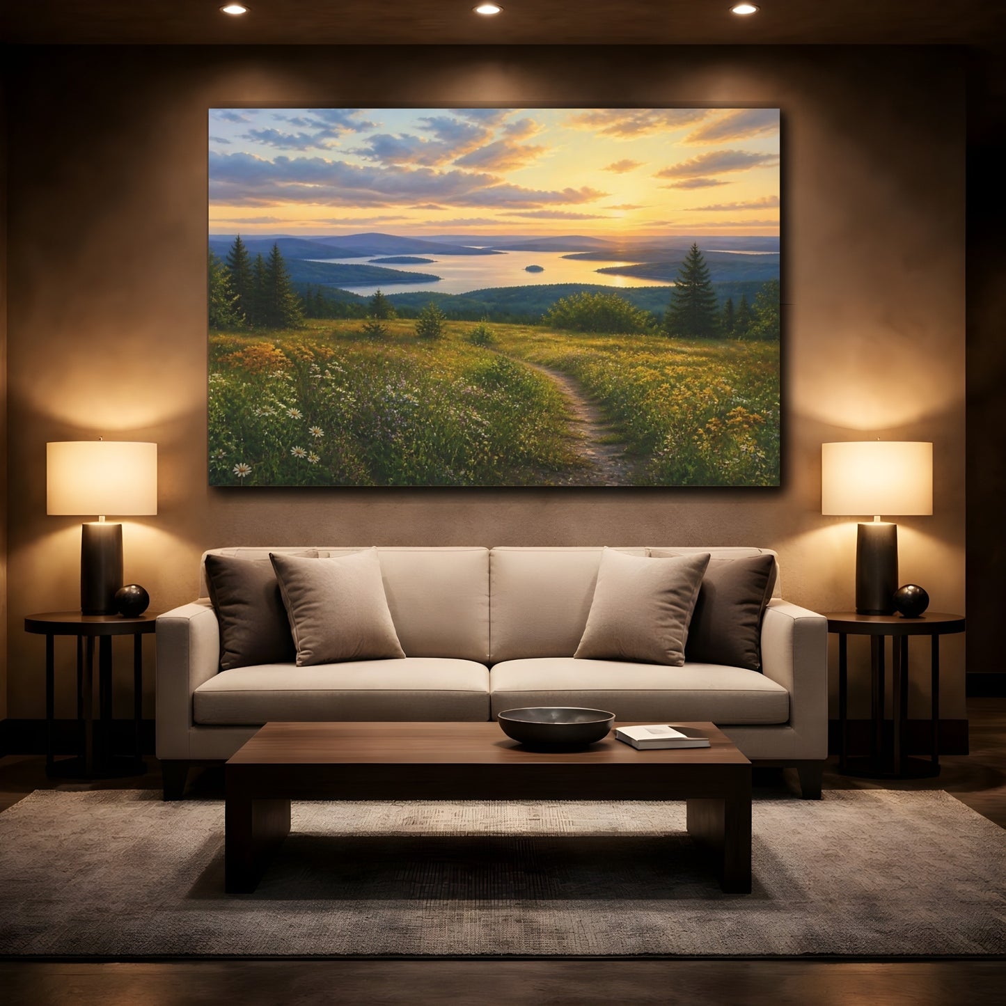 Mockup 2. Sunset Over Wildflower Lake shown as canvas print
