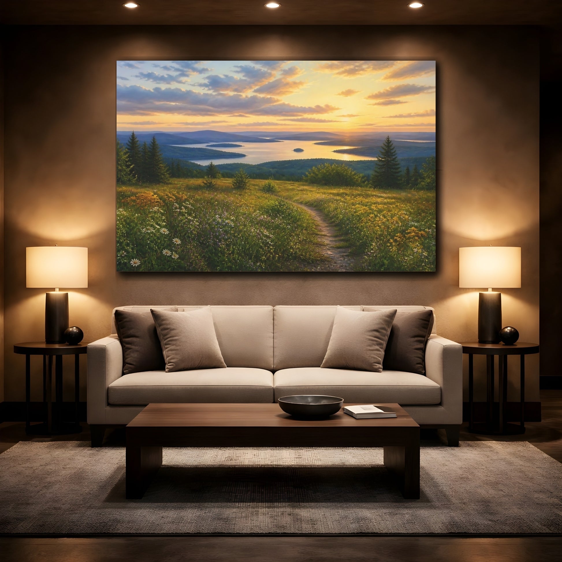 Mockup 2. Sunset Over Wildflower Lake shown as canvas print