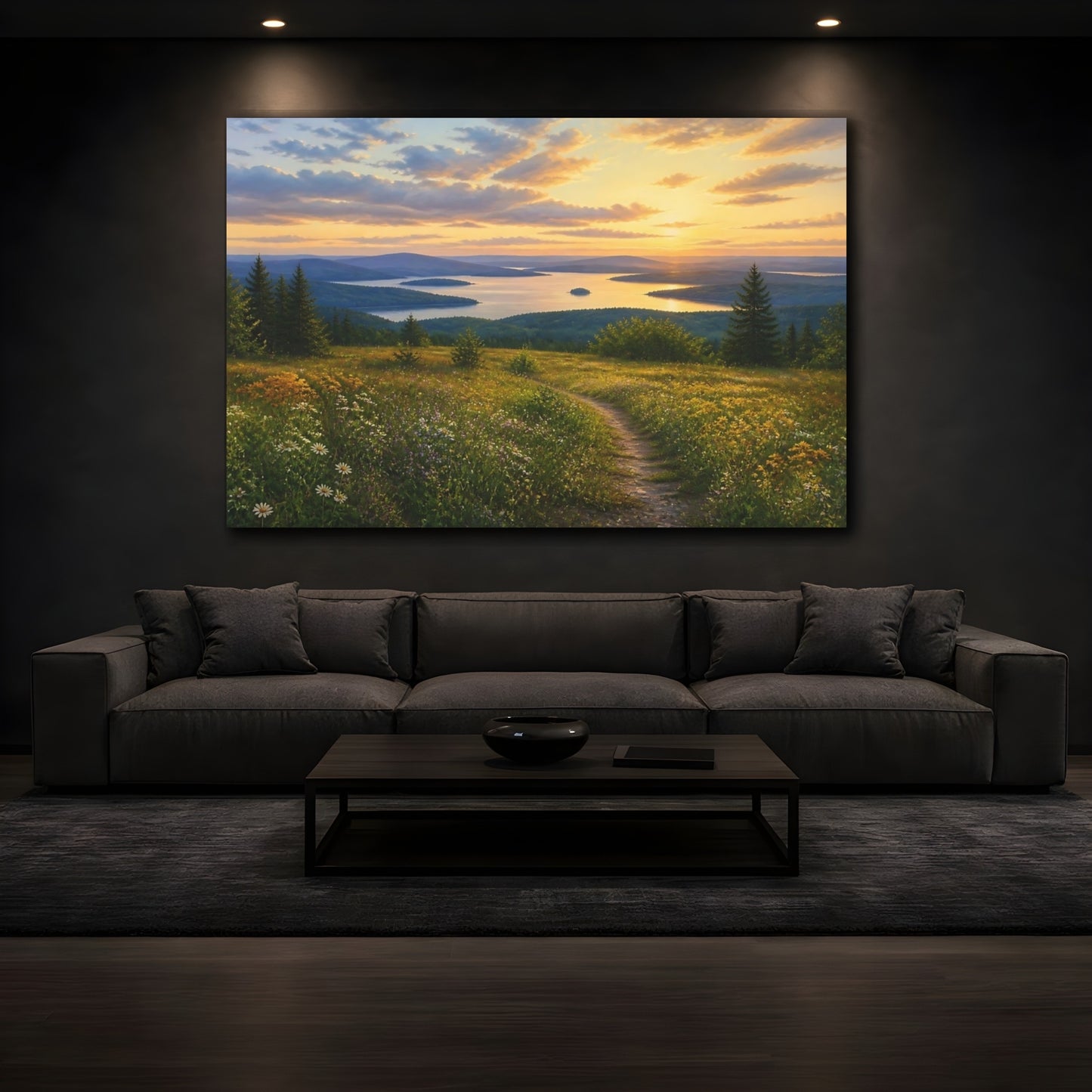 Mockup 3. Sunset Over Wildflower Lake shown as canvas print
