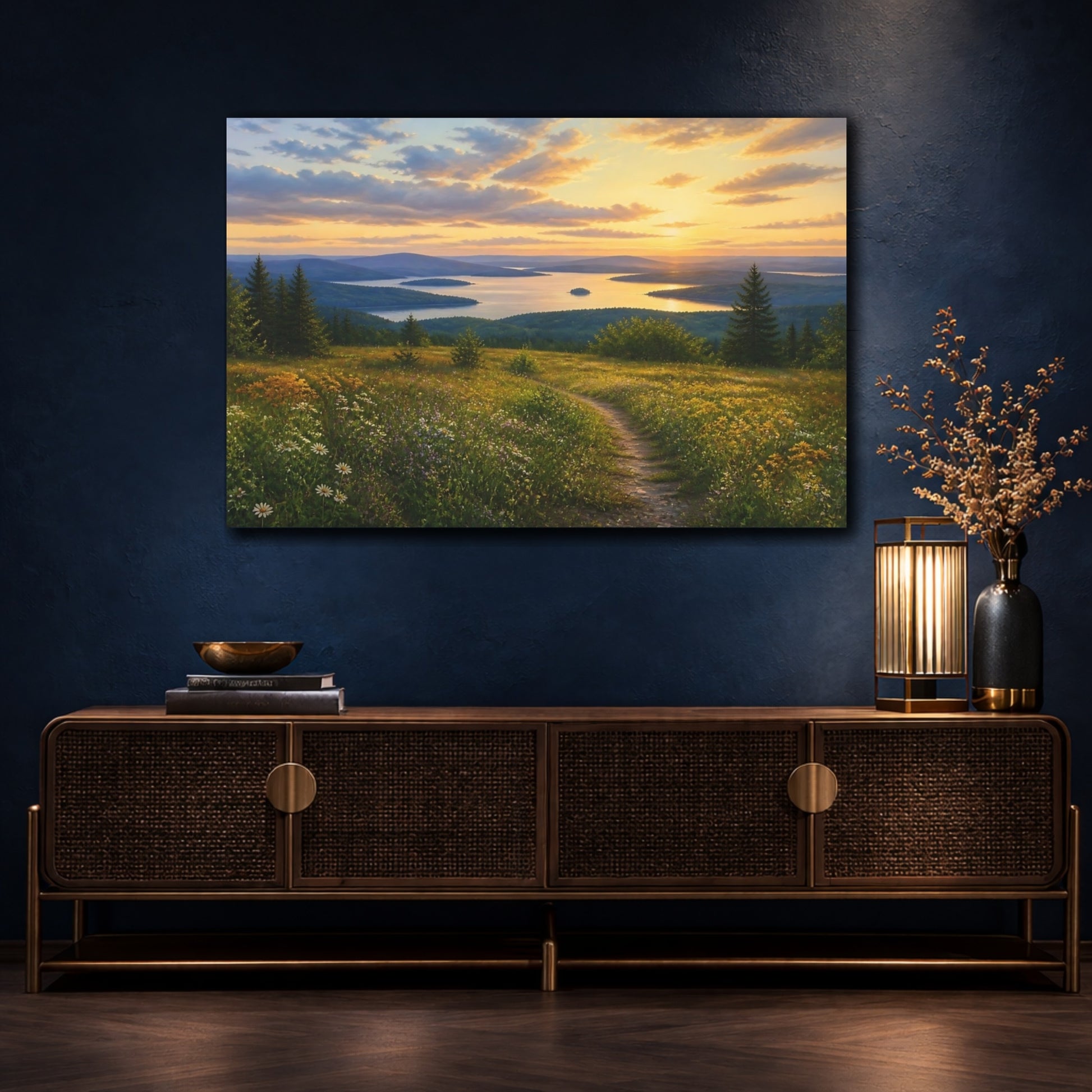 Mockup 4. Sunset Over Wildflower Lake shown as canvas print