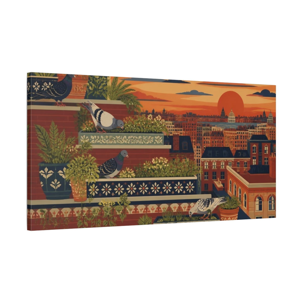Main Mockup. Sunset Rooftop Pigeons shown as canvas print