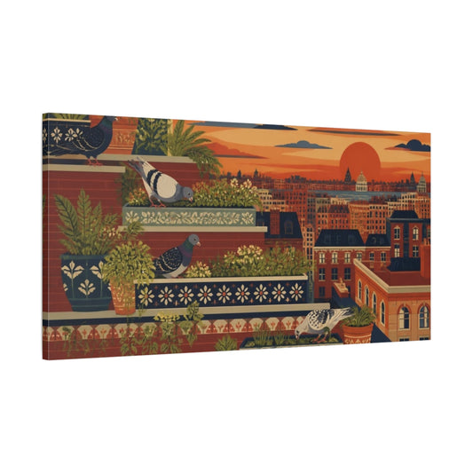 Main Mockup. Sunset Rooftop Pigeons shown as canvas print