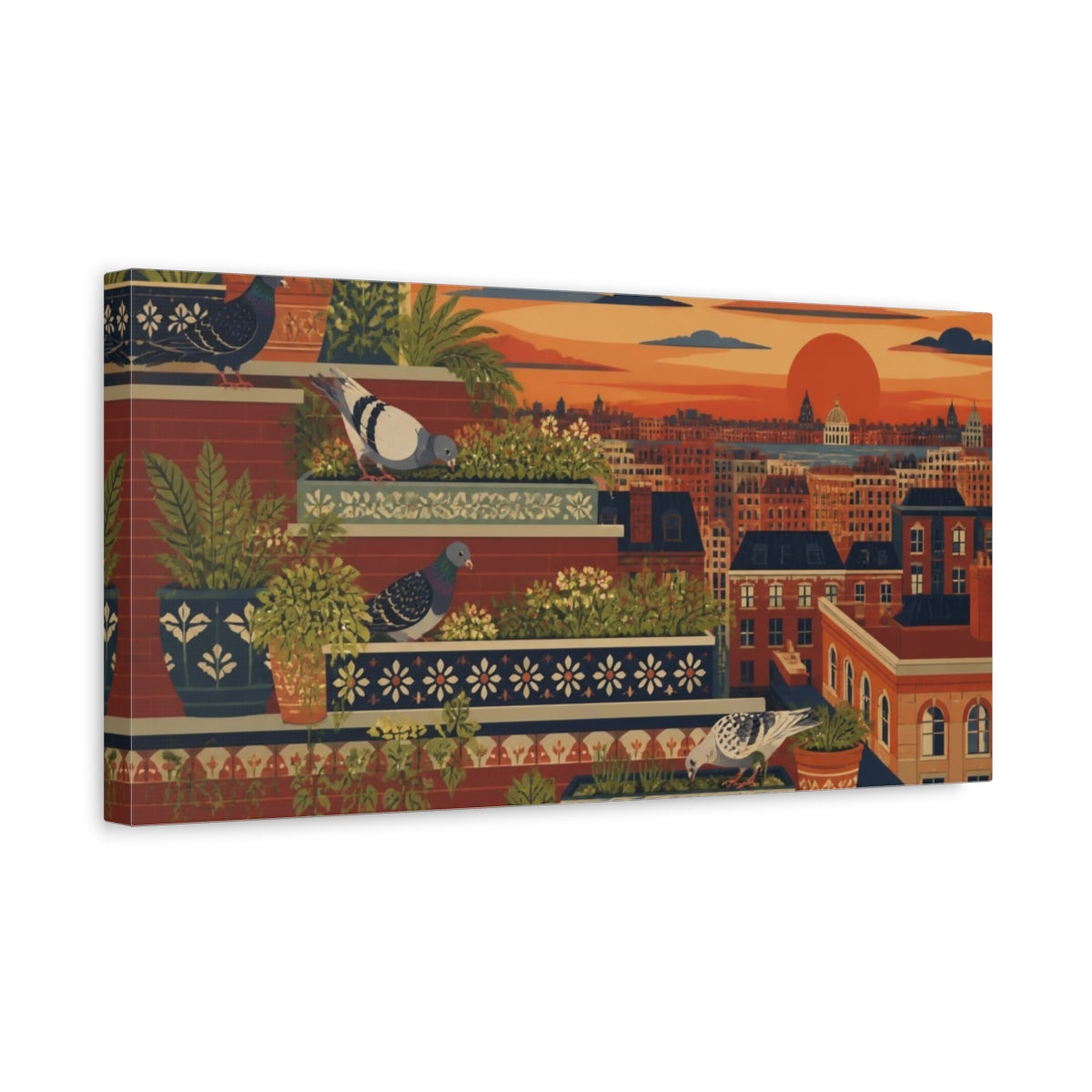 Side Mockup 3. Sunset Rooftop Pigeons shown as canvas print