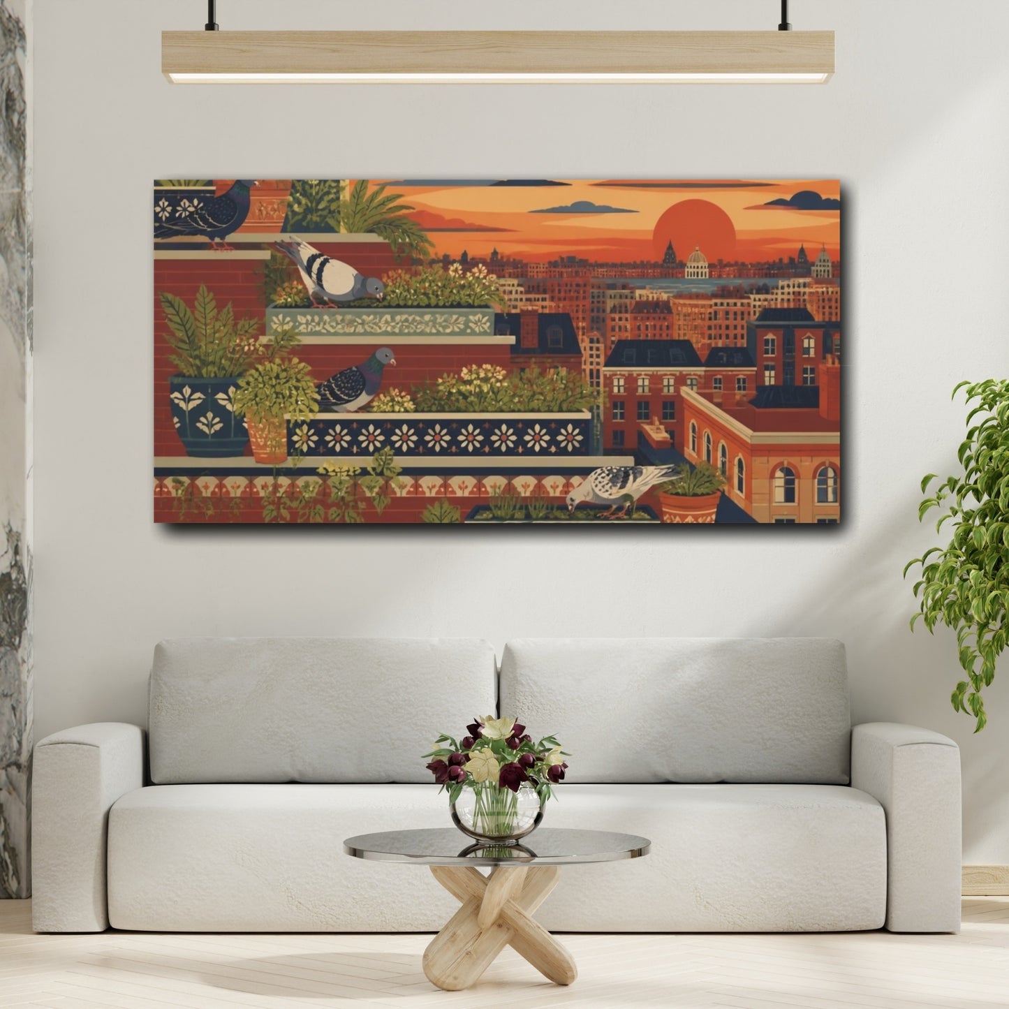 Mockup 2. Sunset Rooftop Pigeons shown as canvas print