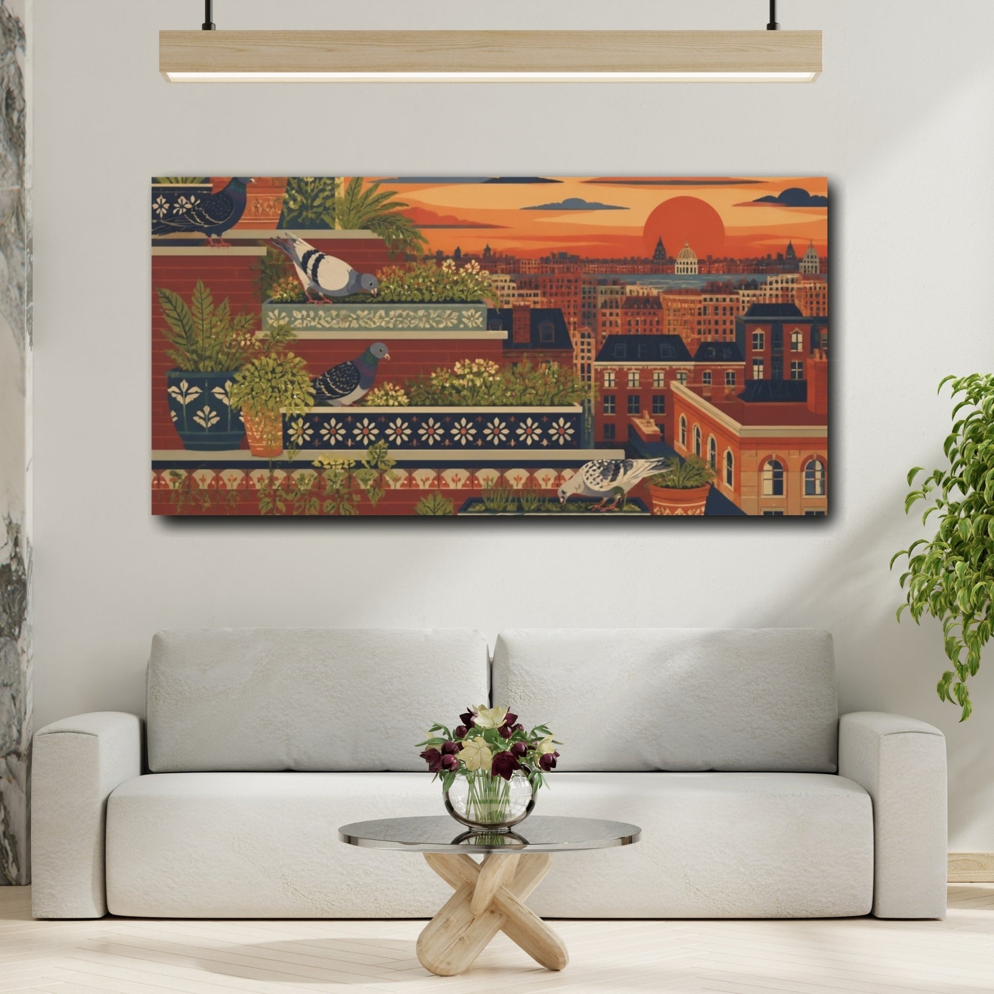 Mockup 2. Sunset Rooftop Pigeons shown as canvas print