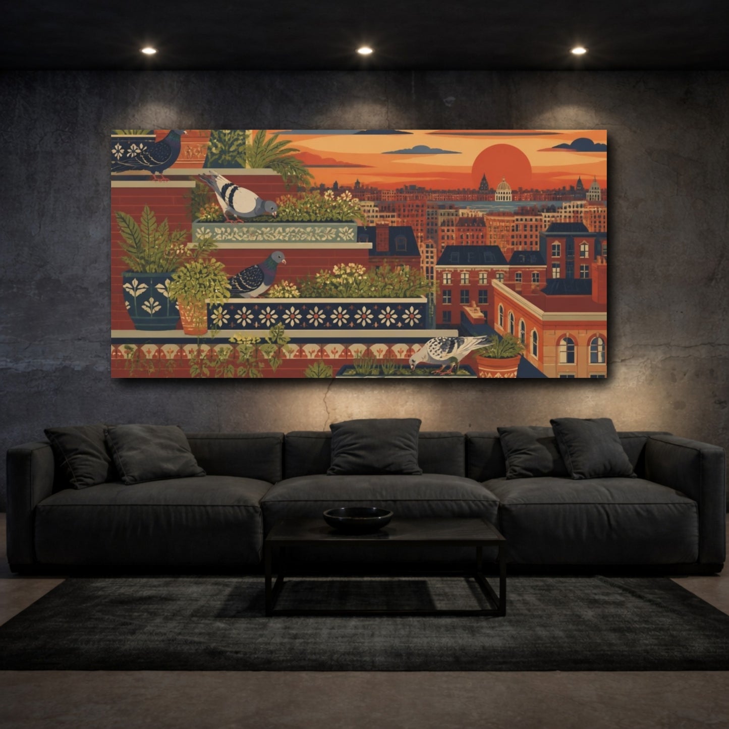 Mockup 3. Sunset Rooftop Pigeons shown as canvas print