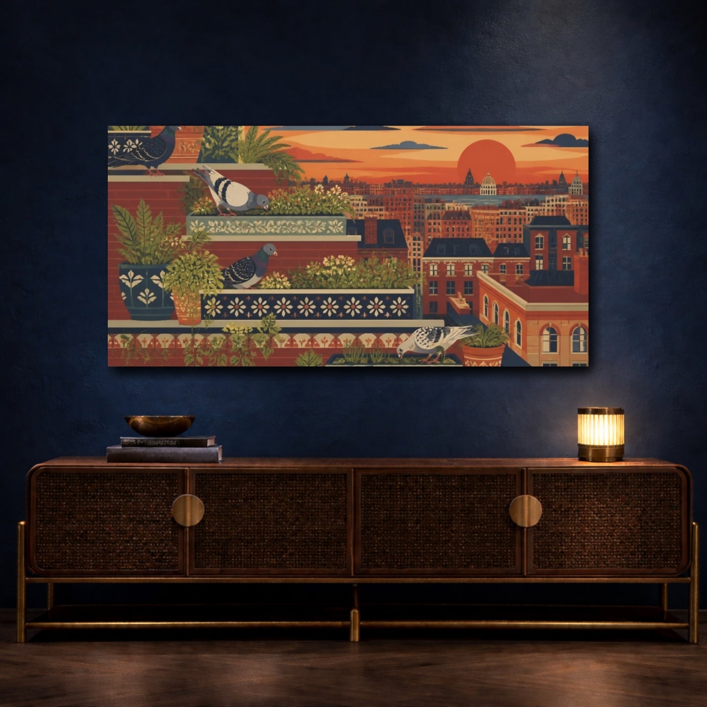 Mockup 4. Sunset Rooftop Pigeons shown as canvas print