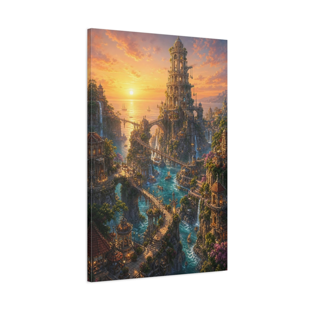 Main Mockup. Sunset Seaside Citadel shown as canvas print