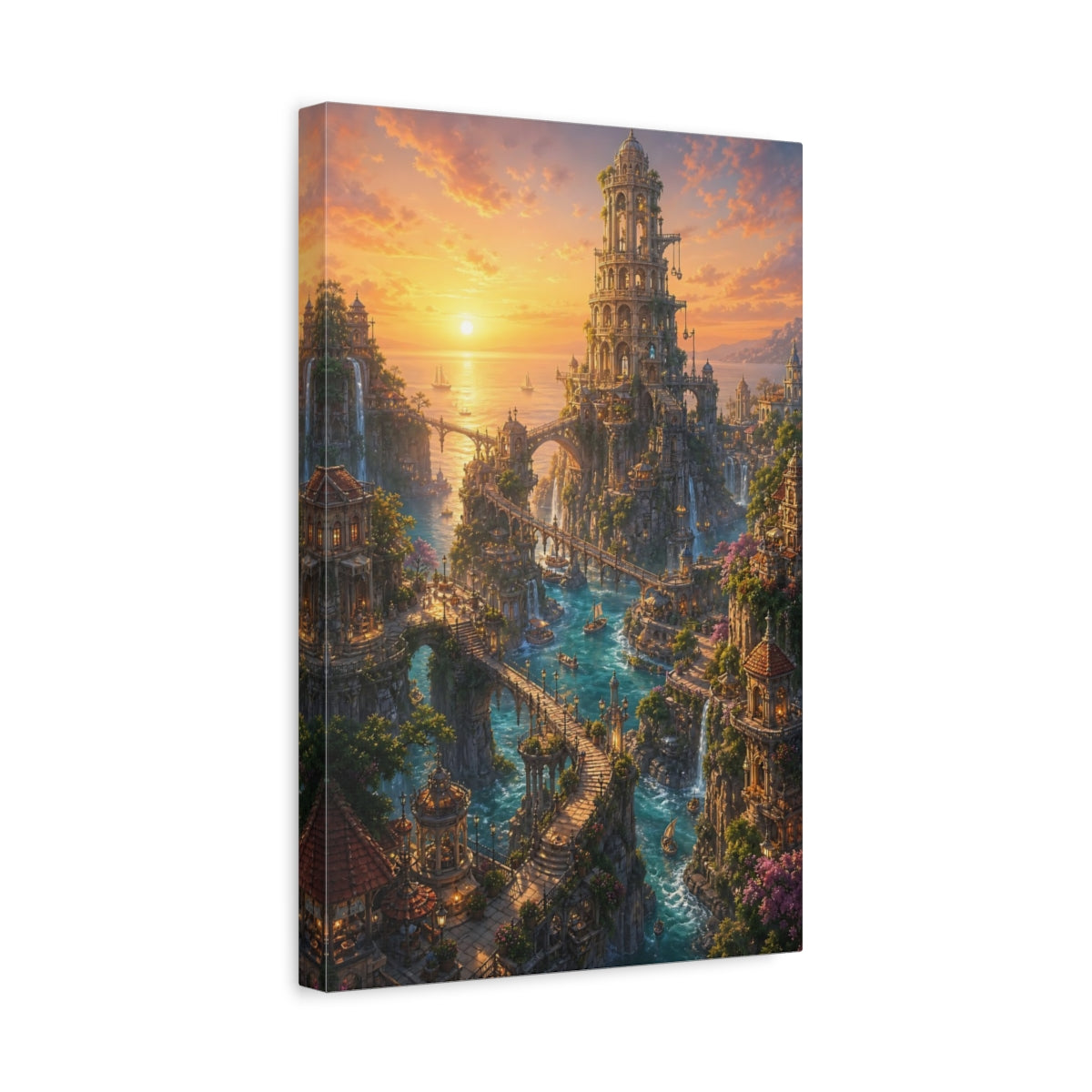 Side Mockup 4. Sunset Seaside Citadel shown as canvas print
