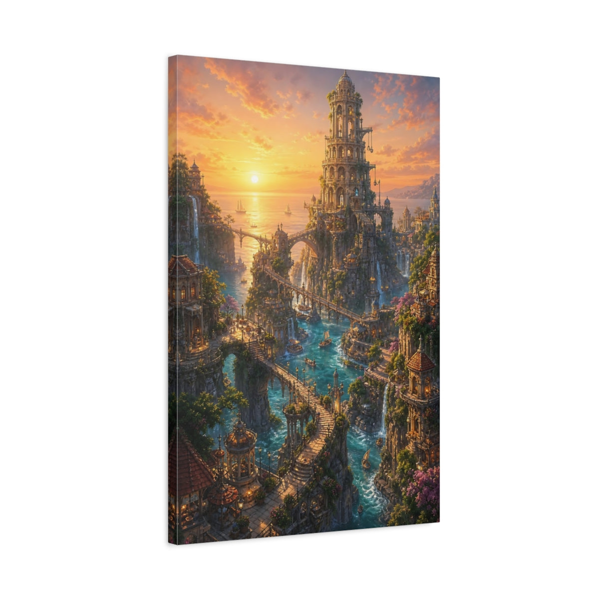 Side Mockup 2. Sunset Seaside Citadel shown as canvas print
