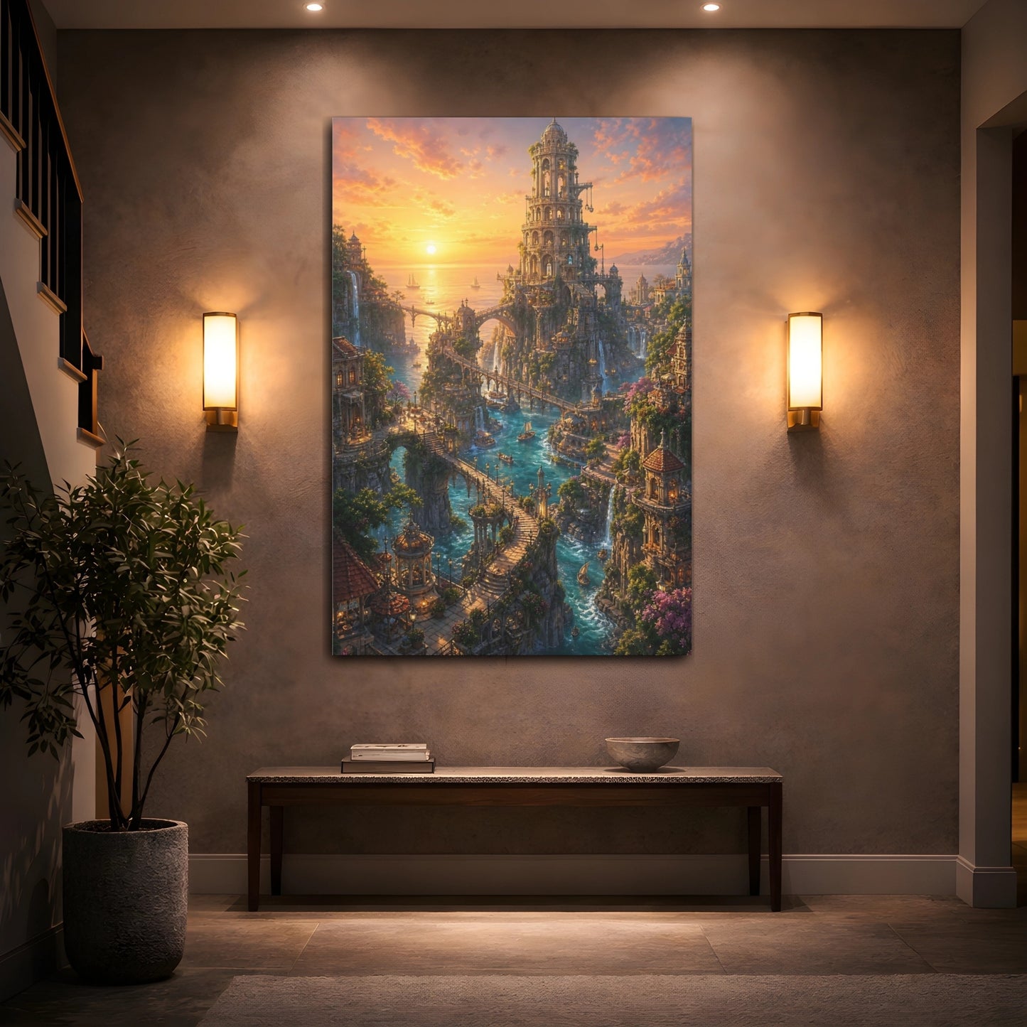 Mockup 2. Sunset Seaside Citadel shown as canvas print