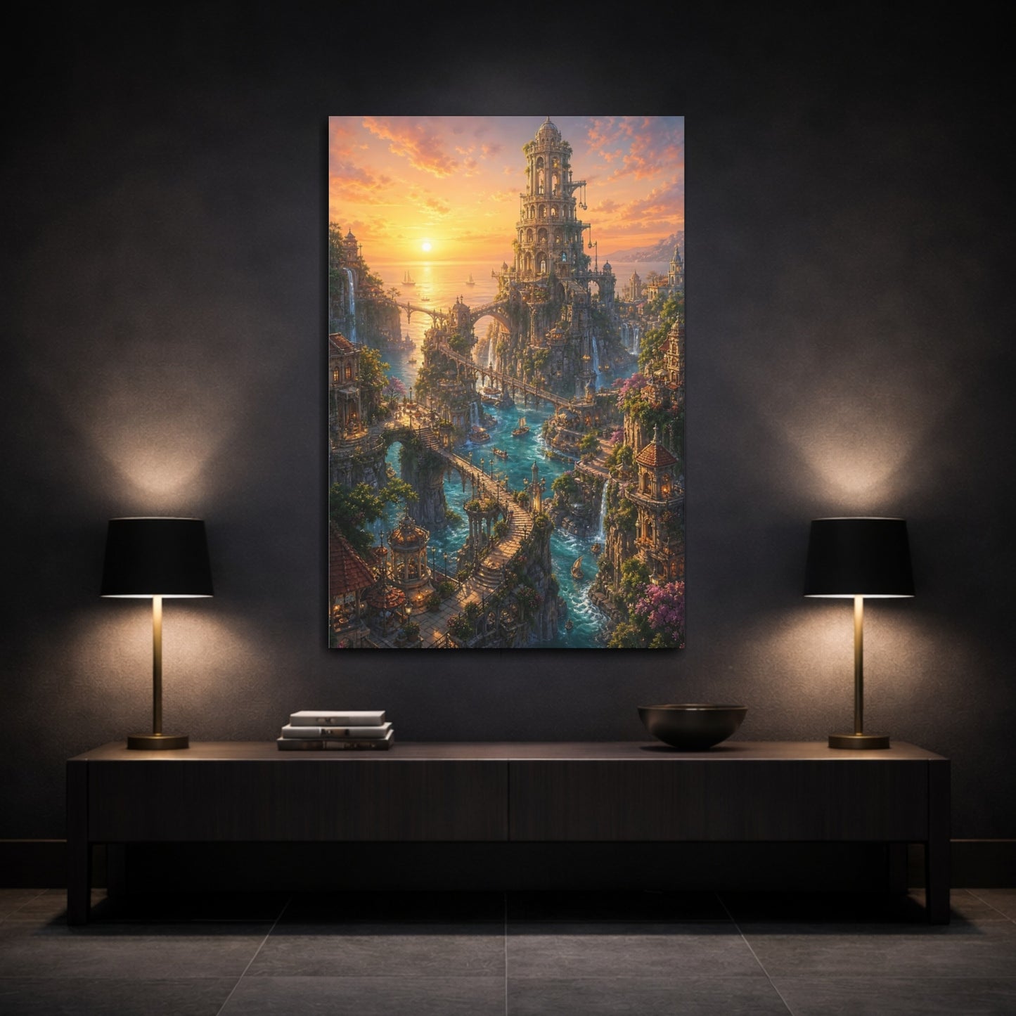 Mockup 3. Sunset Seaside Citadel shown as canvas print