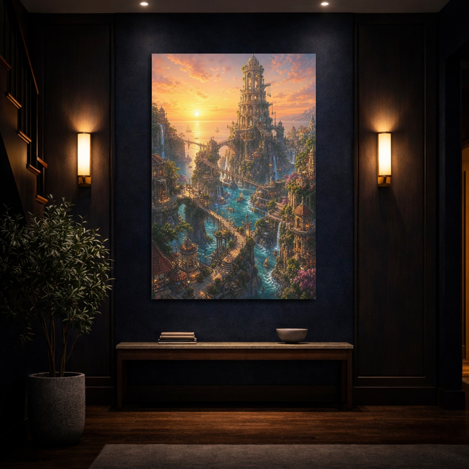 Mockup 4. Sunset Seaside Citadel shown as canvas print
