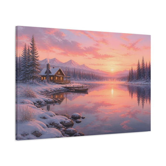Main Mockup. Sunset Snowy Lakeside Cabin shown as canvas print