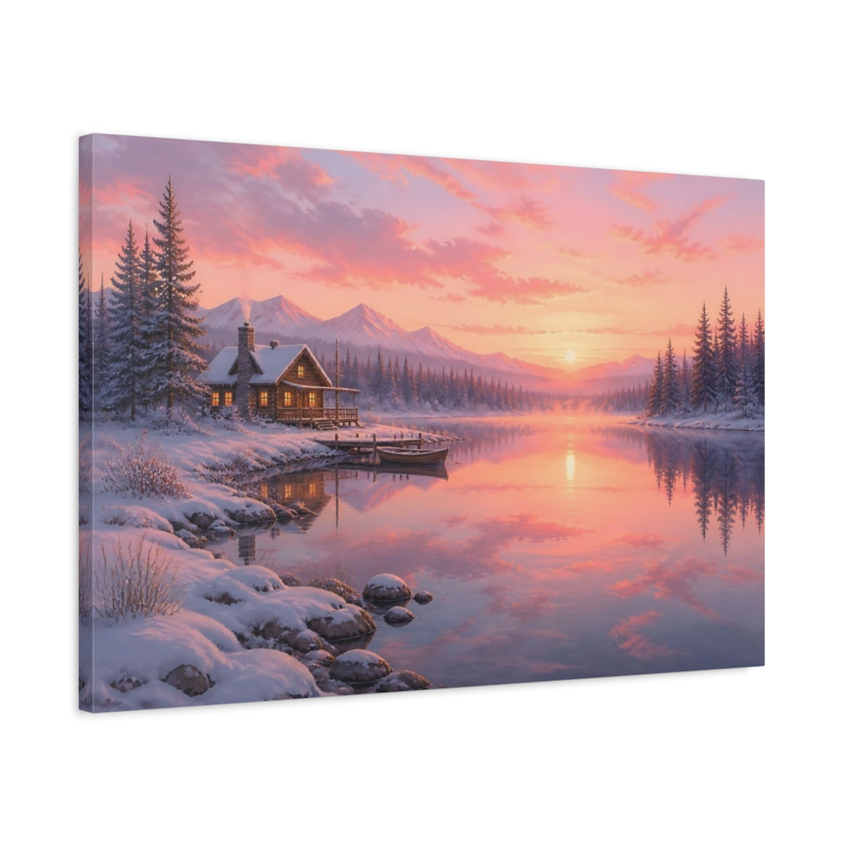 Side Mockup 2. Sunset Snowy Lakeside Cabin shown as canvas print