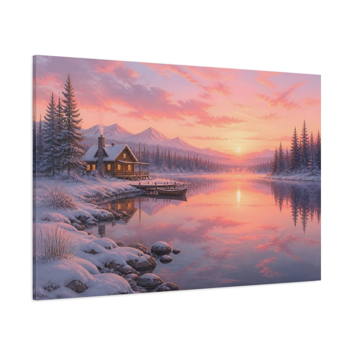 Side Mockup 1. Sunset Snowy Lakeside Cabin shown as canvas print