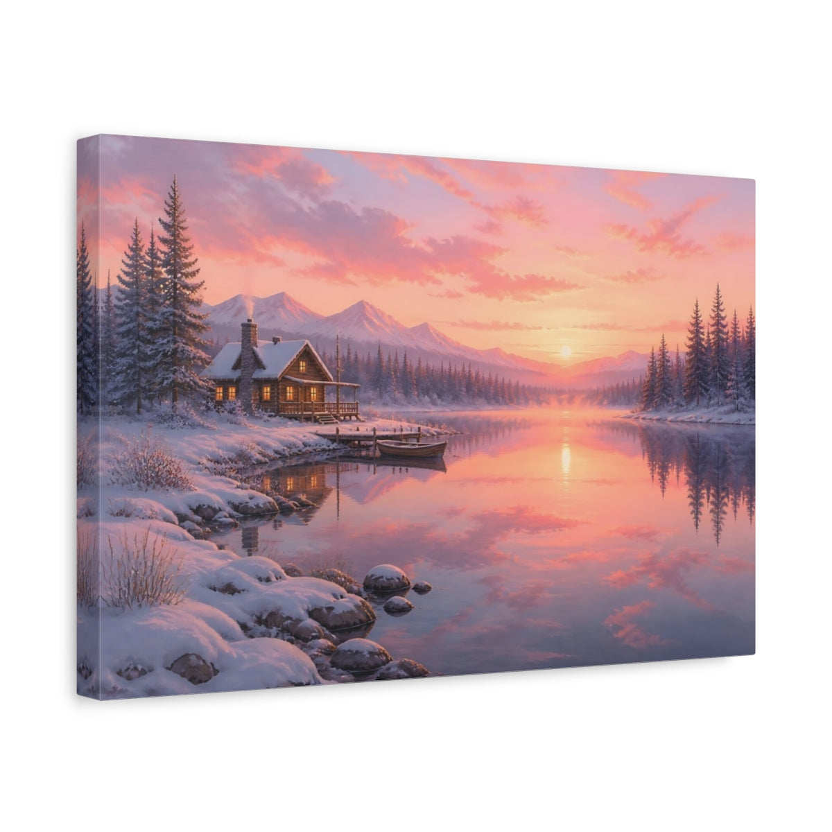 Side Mockup 4. Sunset Snowy Lakeside Cabin shown as canvas print