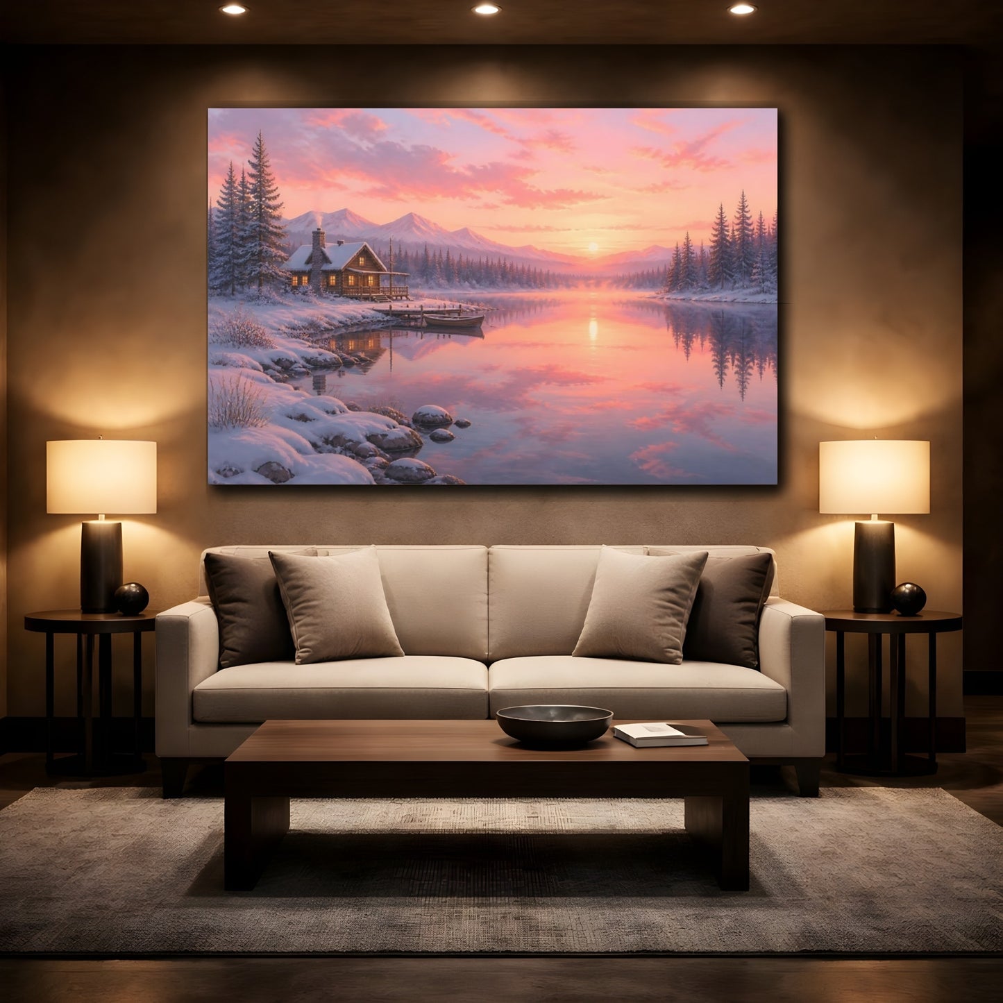Mockup 2. Sunset Snowy Lakeside Cabin shown as canvas print
