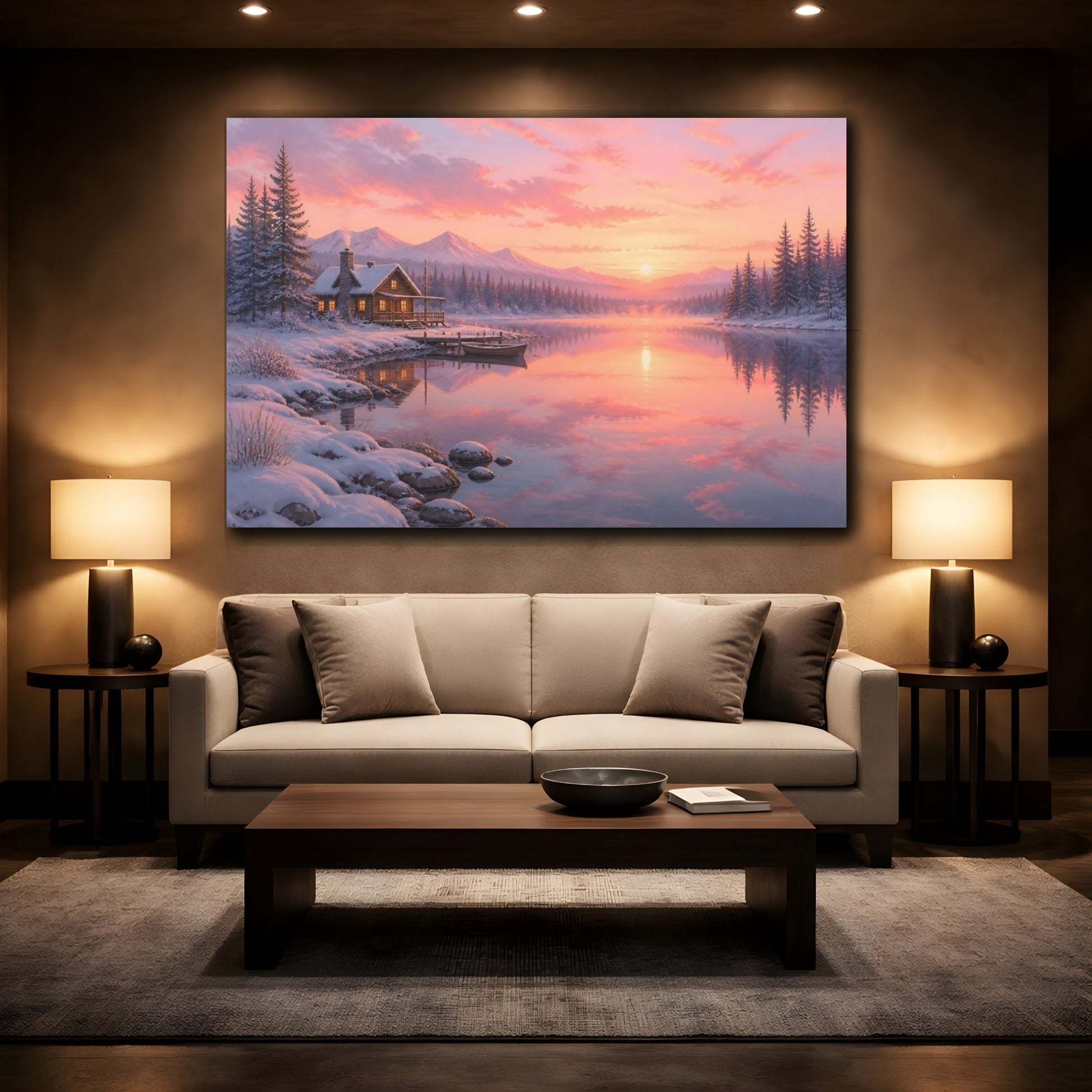 Mockup 2. Sunset Snowy Lakeside Cabin shown as canvas print