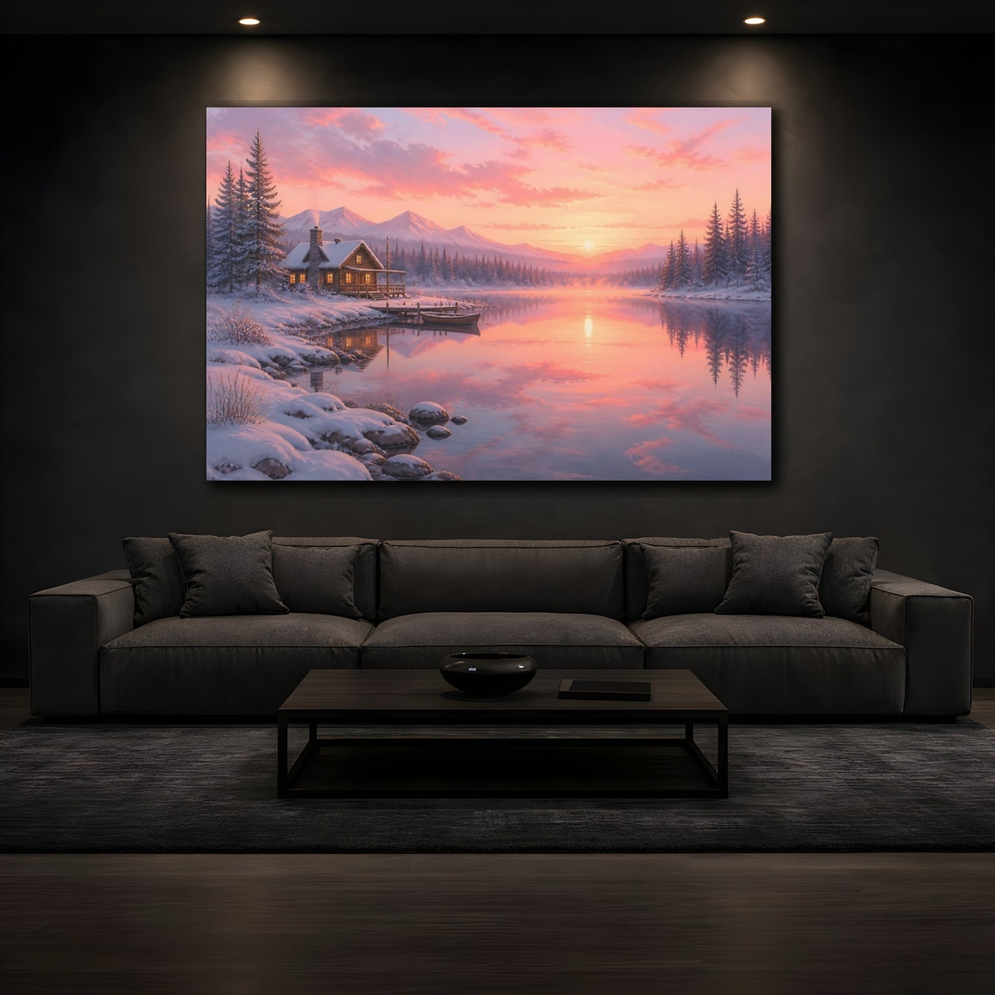 Mockup 3. Sunset Snowy Lakeside Cabin shown as canvas print