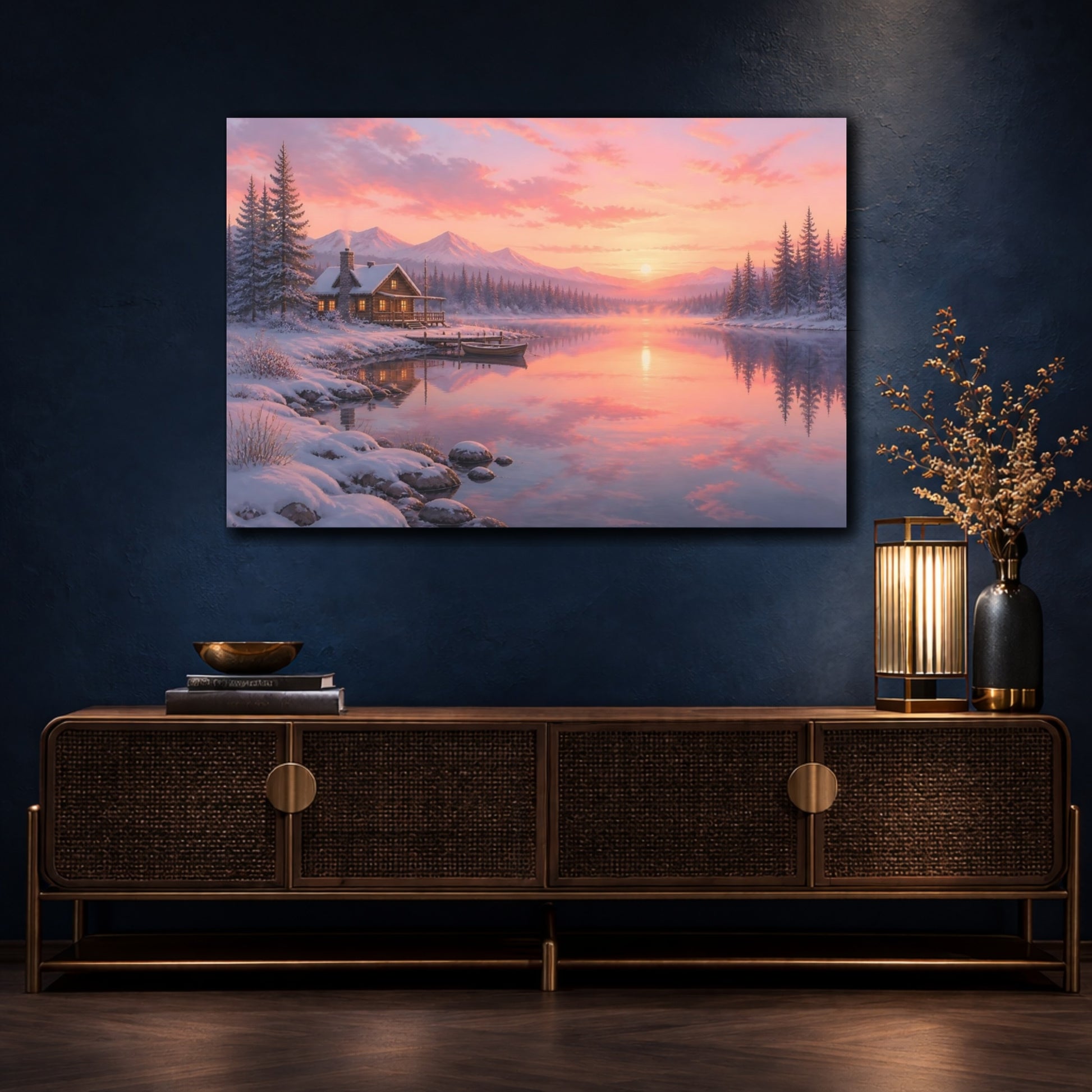 Mockup 4. Sunset Snowy Lakeside Cabin shown as canvas print