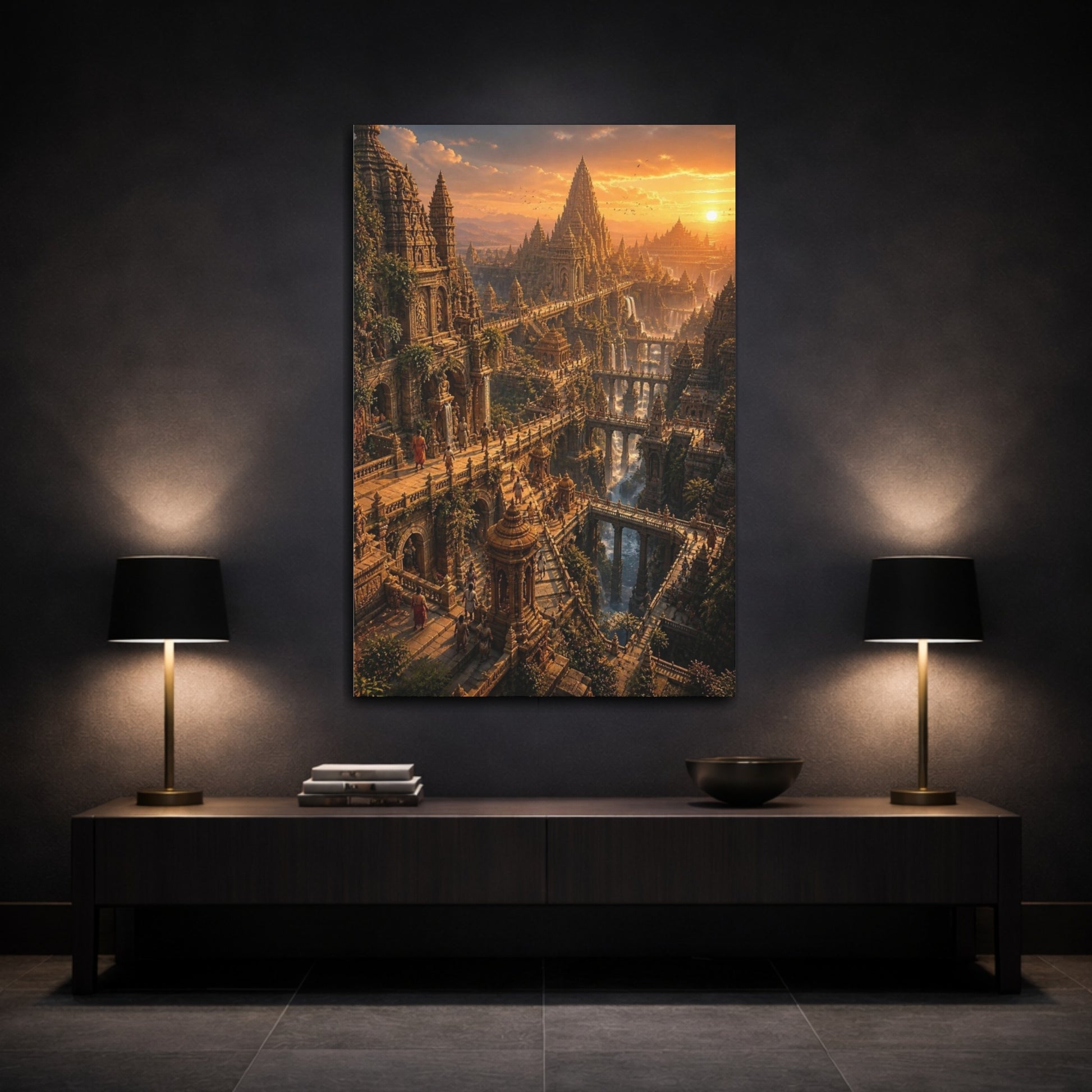 Mockup 3. Sunset Stacked Temple City shown as canvas print