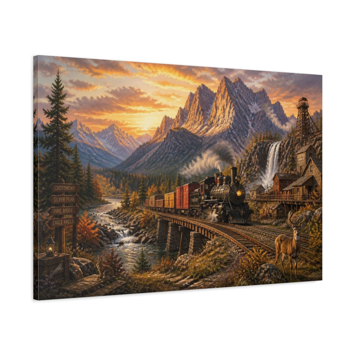 Main Mockup. Sunset Steam Train shown as canvas print