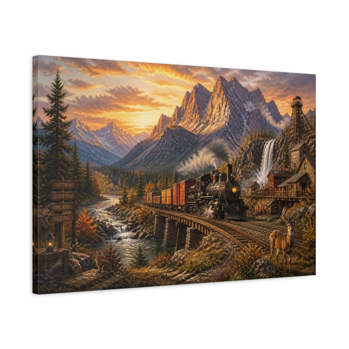 Side Mockup 2. Sunset Steam Train shown as canvas print
