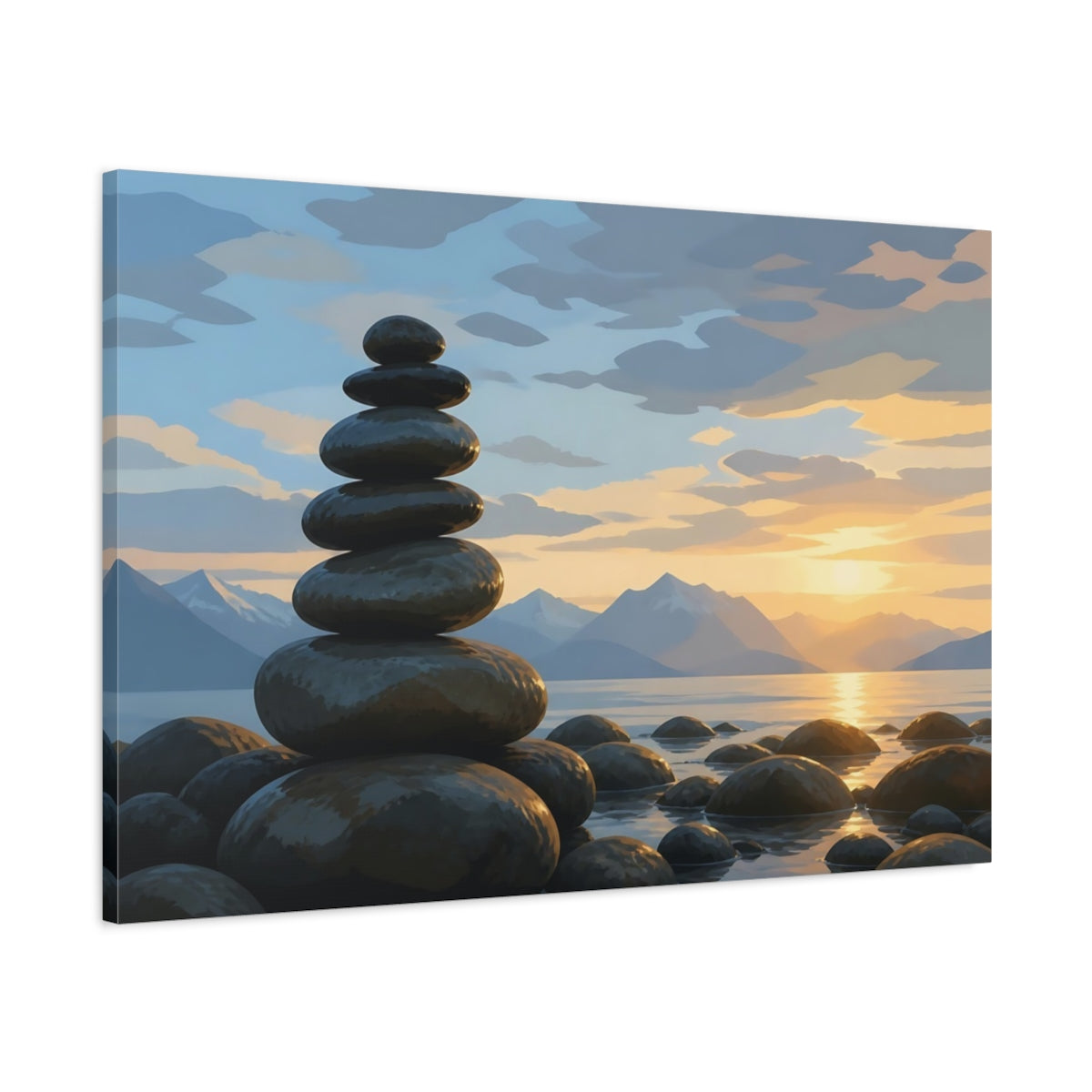 Main Mockup. Sunset Stone Cairn shown as canvas print