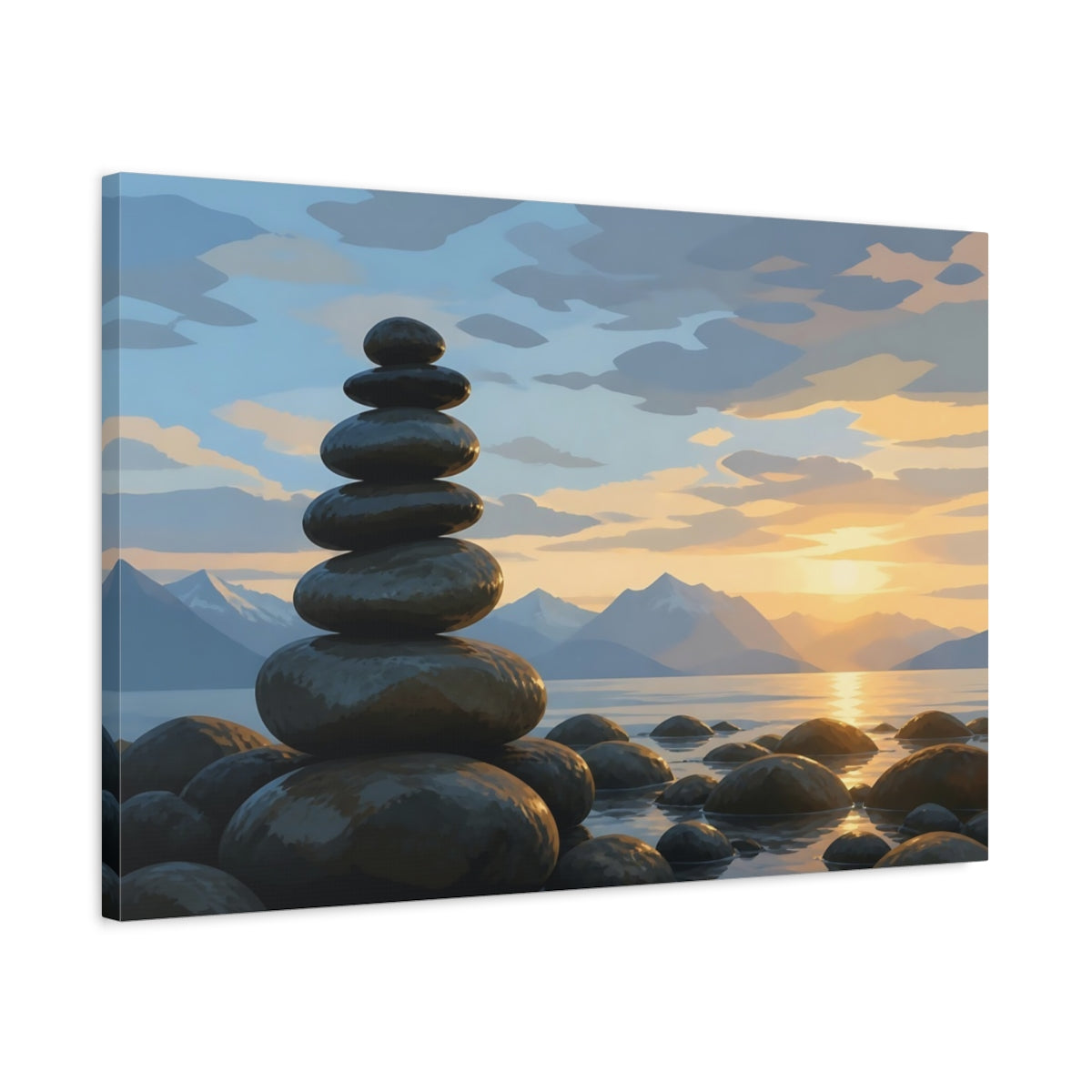 Side Mockup 2. Sunset Stone Cairn shown as canvas print