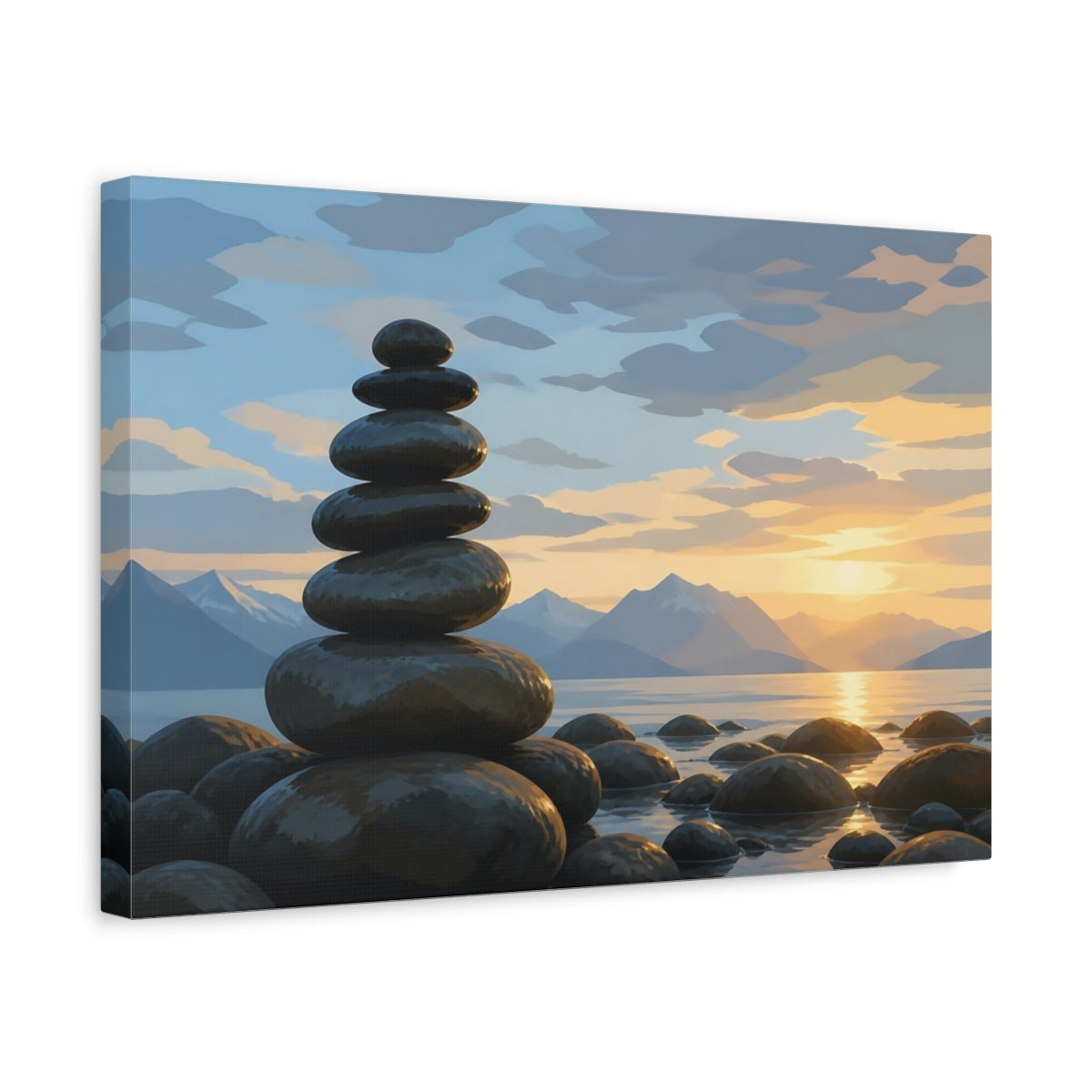 Side Mockup 4. Sunset Stone Cairn shown as canvas print