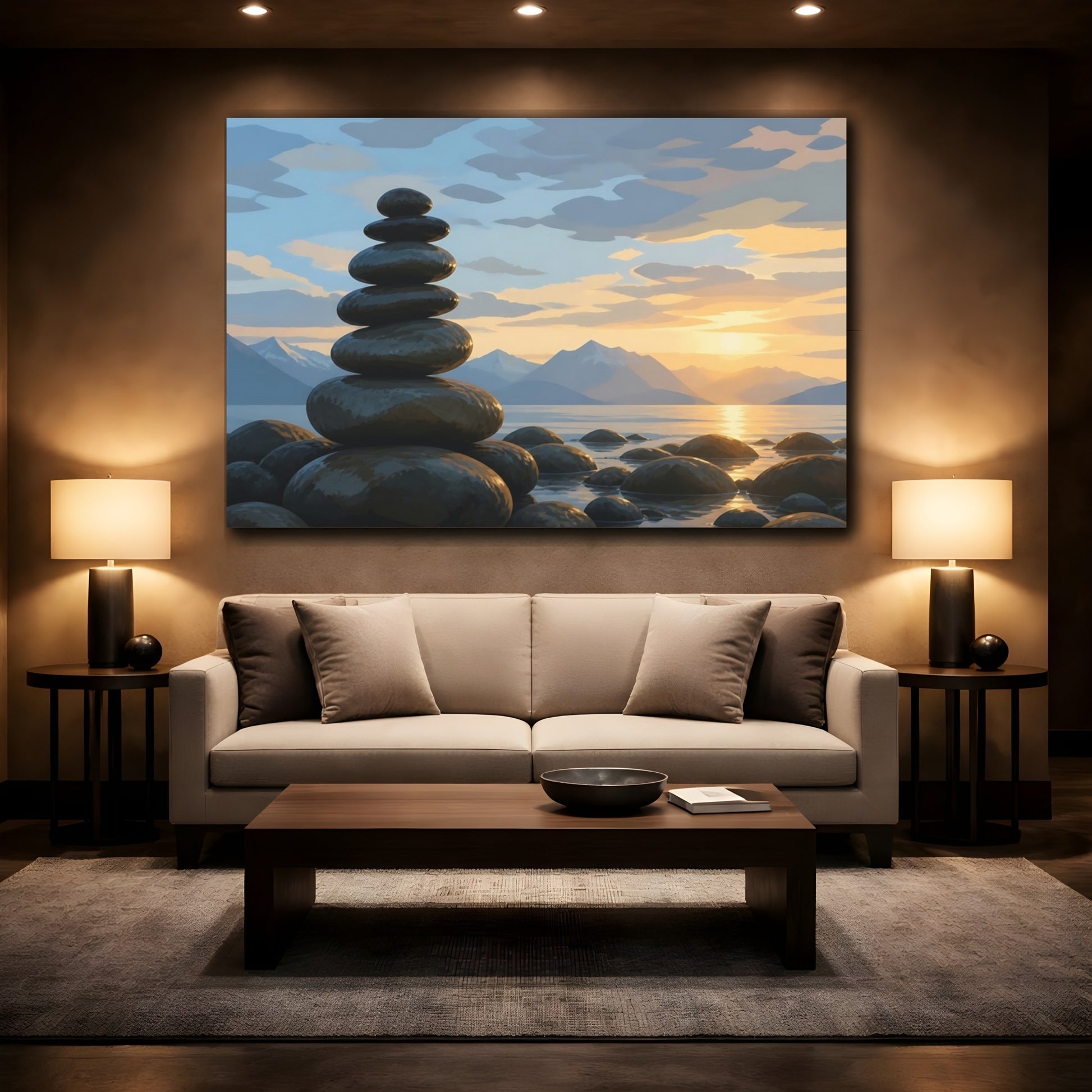 Mockup 2. Sunset Stone Cairn shown as canvas print